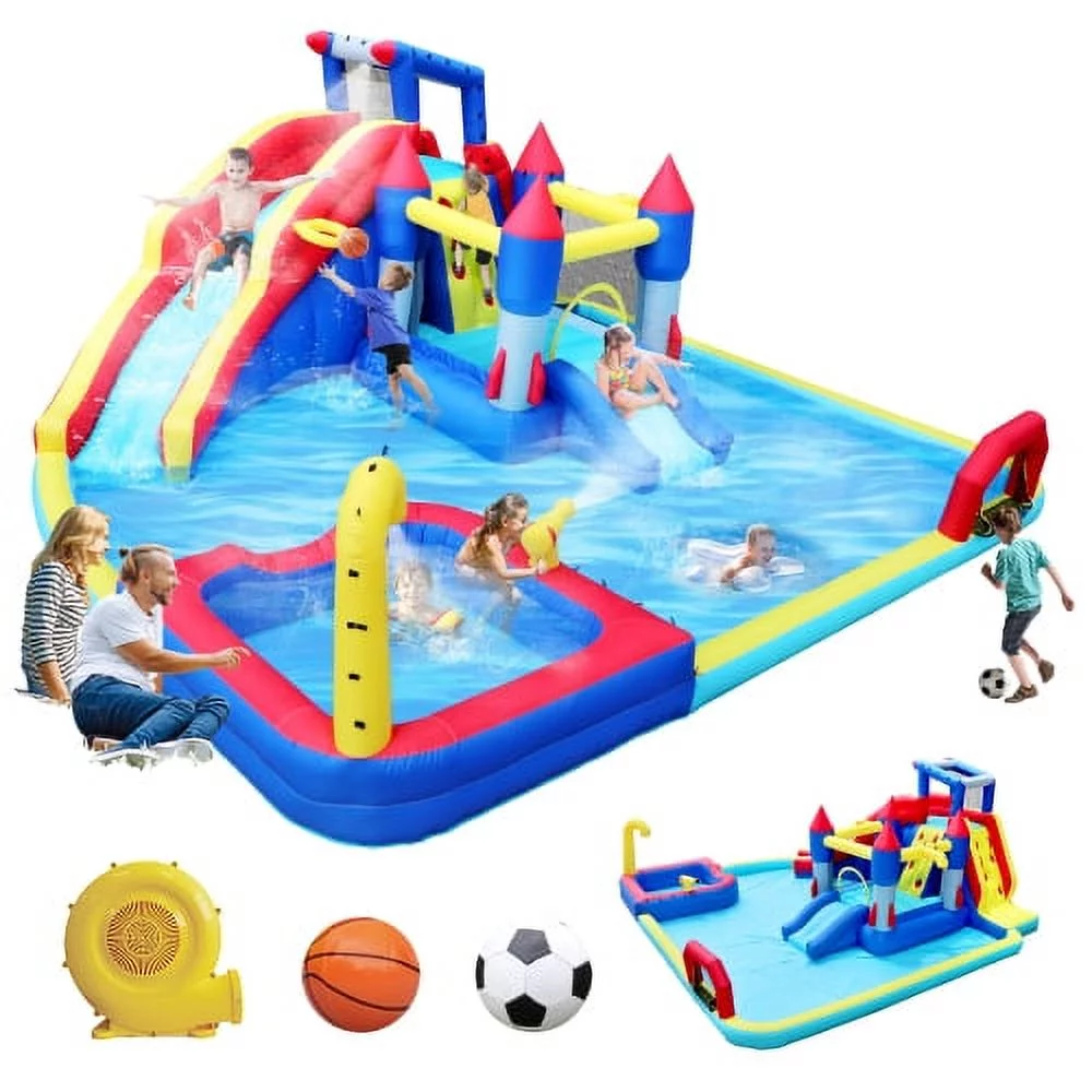 10 in 1 Inflatable Bounce House, Kids Water Park Bouncer for Outdoor & Indoor Party with Blower, Bastketball Hoop