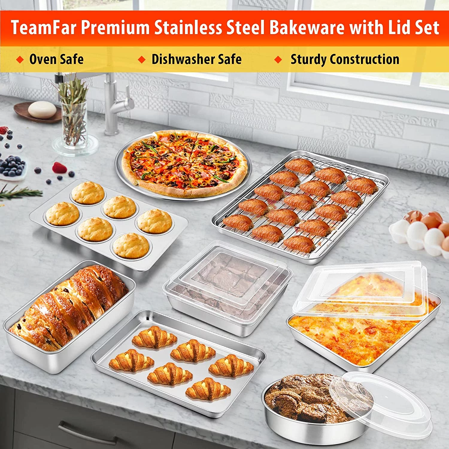 Bakeware, Stainless Steel Bakeware Sets with lids, Baking Sheet with Rack, Toaster Oven Pan & Pizza Pan, Lasagna Pan with Lids, Square & Round Cake Pan with Lids, Muffin & Loaf Pan, Healthy