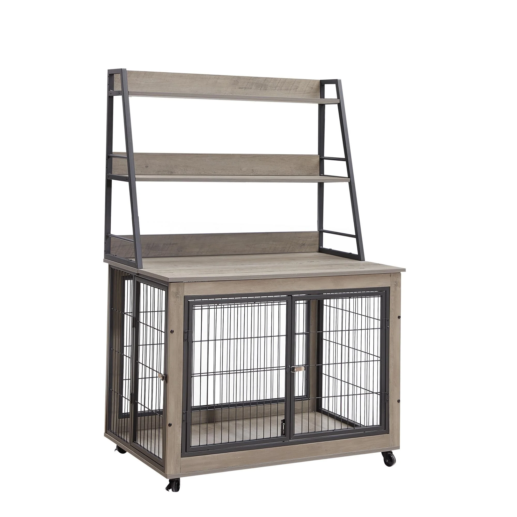 Furniture Style Wooden Dog Crate/Side Table with 3-tier Open Shelf,Equipped with Double Doors and A Raised Roof Grey