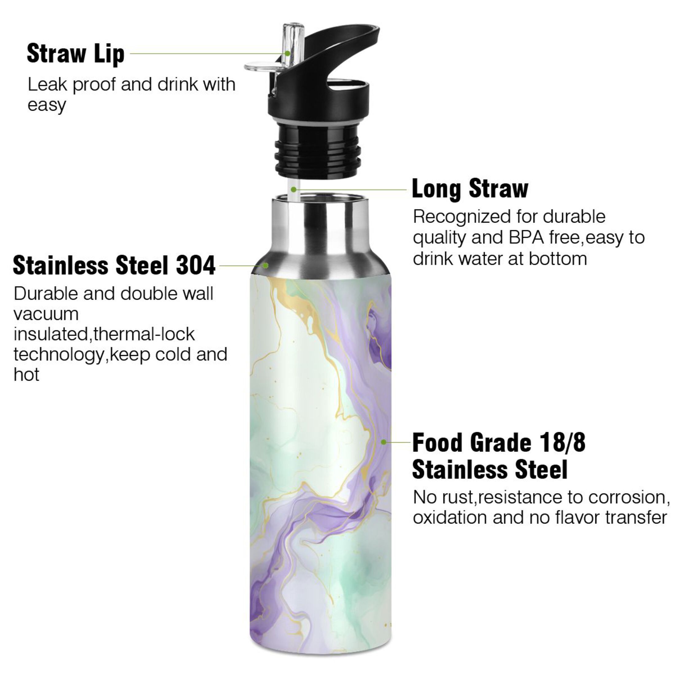 Green with Purple Marble Water Bottles Insulated Thermos Kids Stainless Steel Bottle with Straw Lid Flask Leakproof for Sports Gym 20 oz