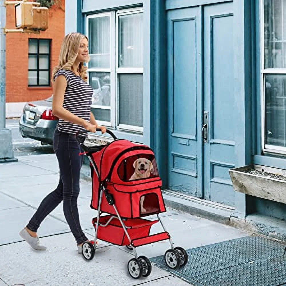 HHS 4 Wheels Pet Stroller Cat Dog Strollers Double Folding Carrier Cart Jogger Doggy Puppy Stroller with Zipper Mesh Door, Up to 33Lbs, Red, 17.5 inches (L) x 33 inches (W) x 38.6 inches (H)