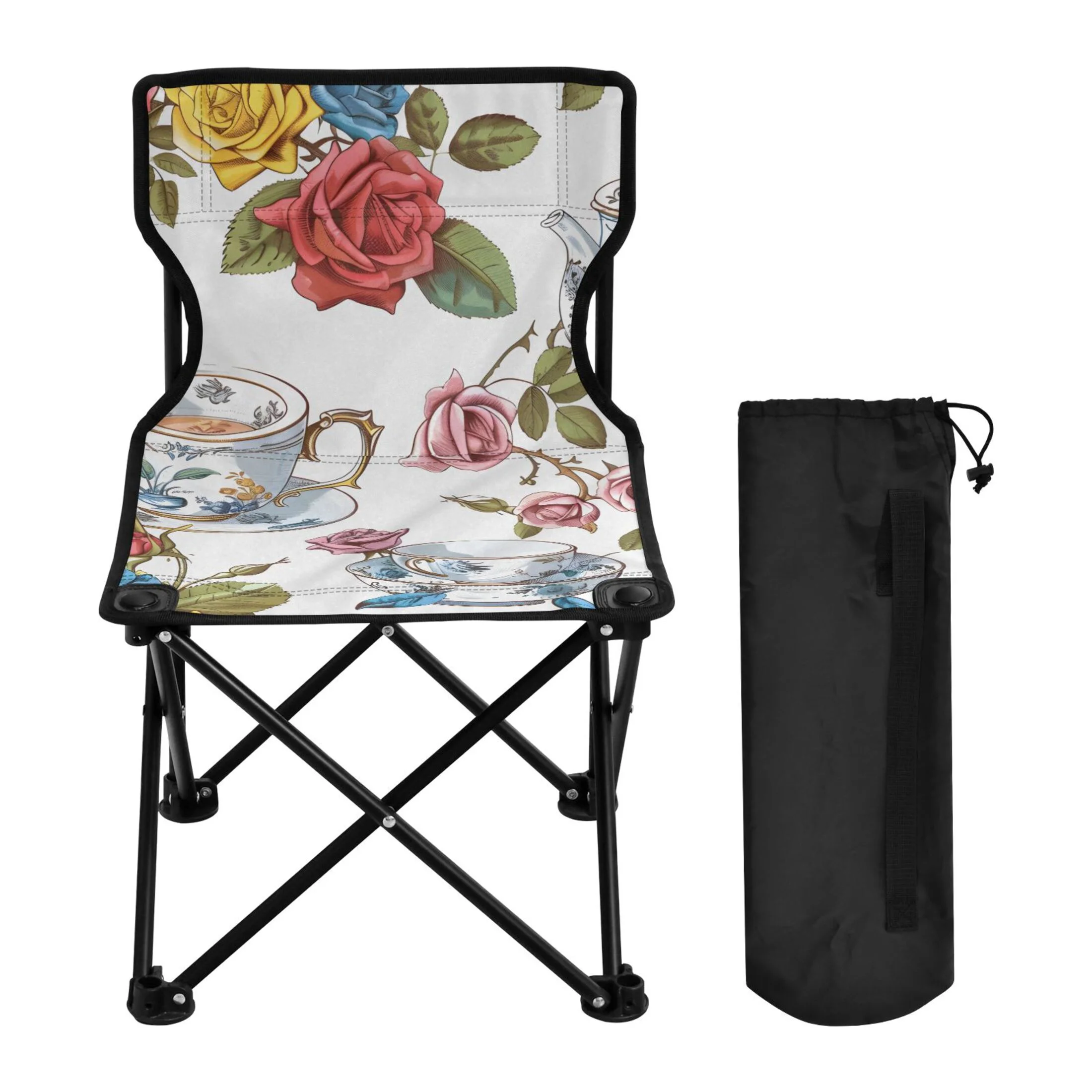 Flower and Cups Portable Camping Chair Outdoor Folding Beach Chair Fishing Chair Lawn Chair with Carry Bag Support to 220LBS