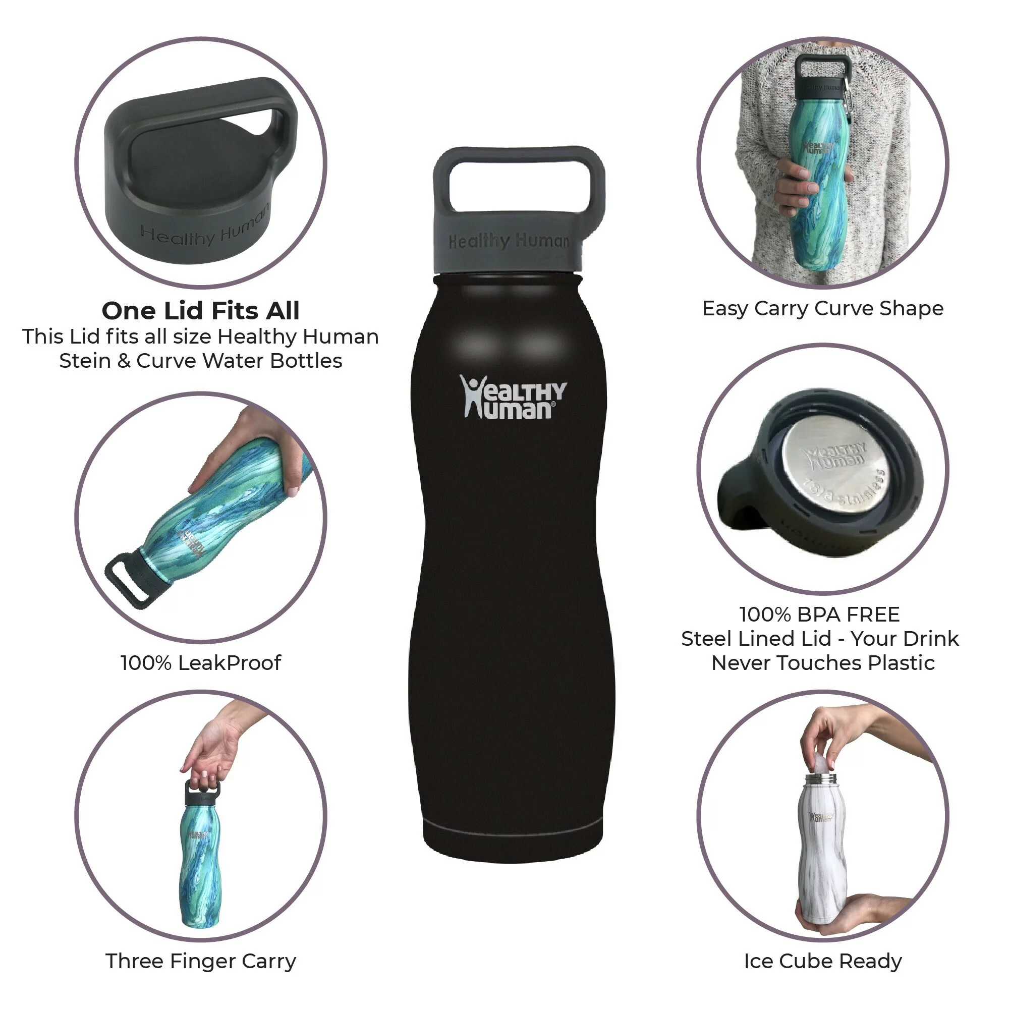 Healthy Human Stainless Steel Curve Water Bottle | 100% BPA Free Thermos for Kids & Adults | Double Walled Vacuum Insulated | Metal Bottles with Leak Proof Lid (21 oz/ 621 ML, Pure Black)