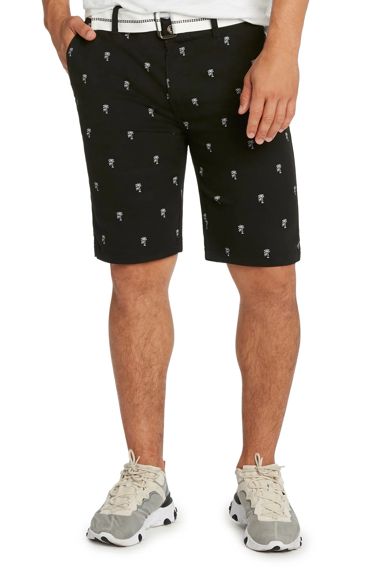 9 Crowns Men's Flat Front Flamingo Palm Stretch Belted Casual Shorts (30, Black/White)
