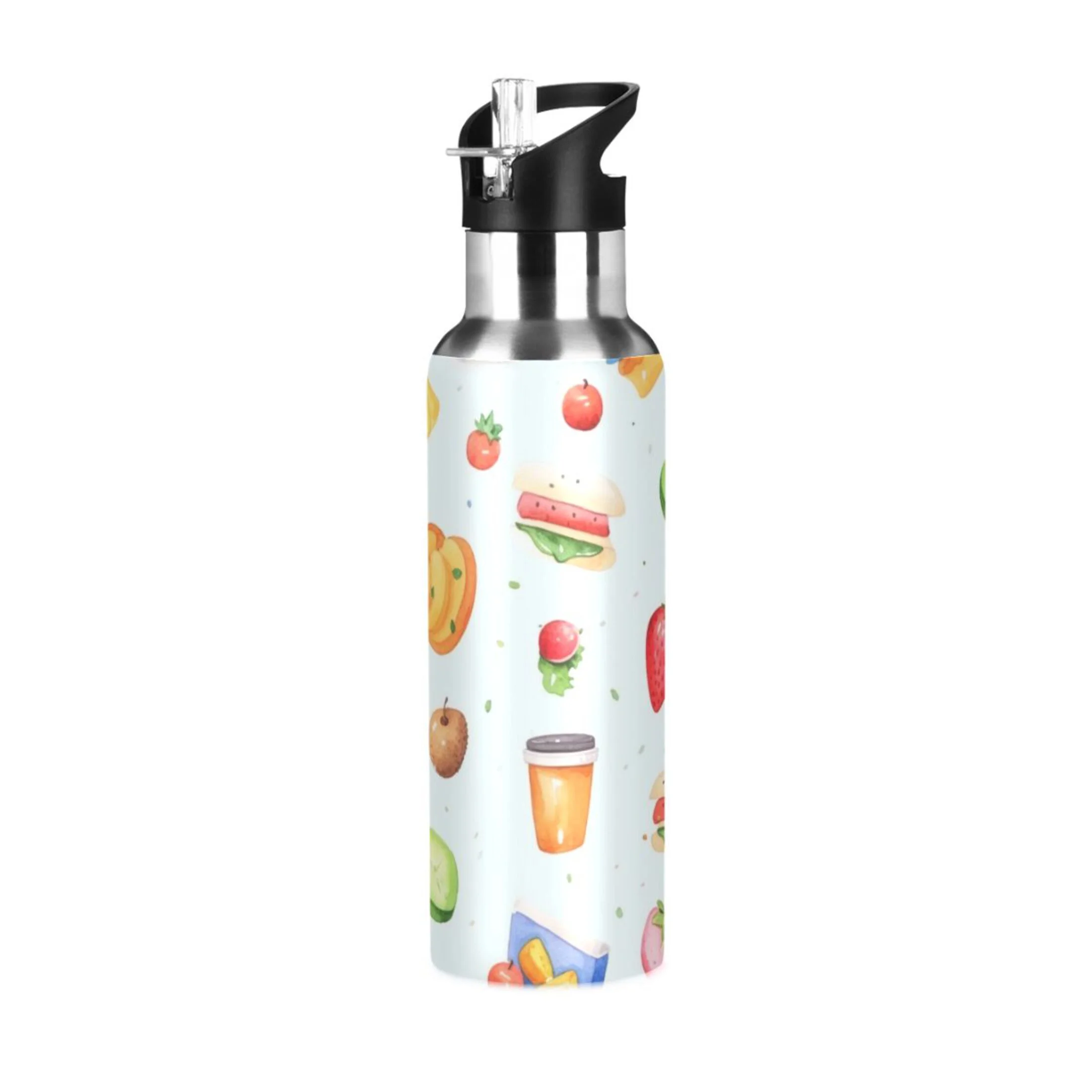 Fruits Hamburgers Water Bottles Insulated Thermos Kids Stainless Steel Bottle with Straw Lid Flask Leakproof for Sports Gym 20 oz