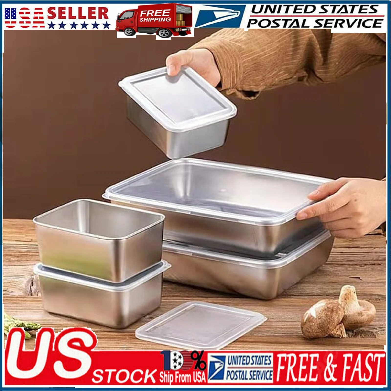 Reusable Stainless Steel Square Plate with Lid Camping Picnic Plates for Food