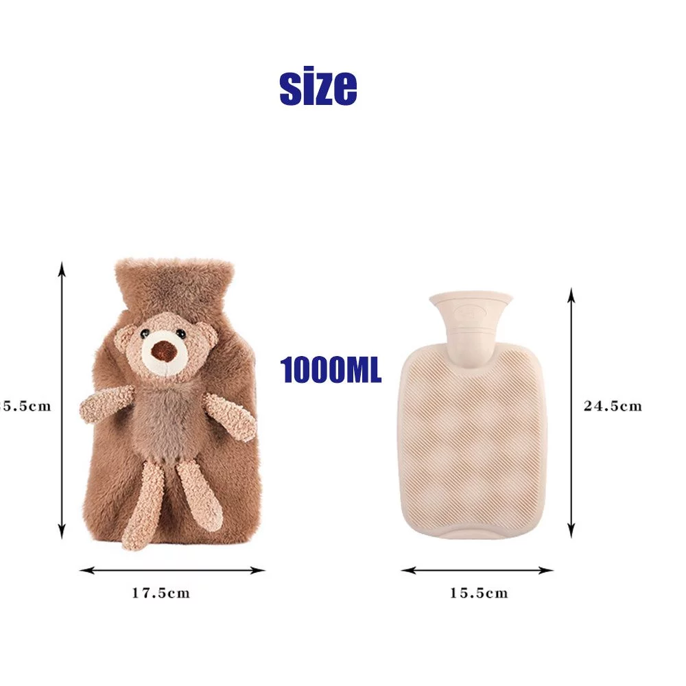 1000ml Plush Covering Recyclable Water Injection Winter Warmth Hot Water Bottle Plush Bear Warm Water Bag PVC Material DARK GREY