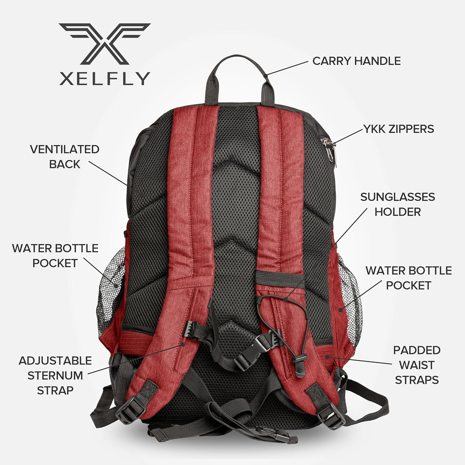 Xelfly Basketball Backpack with Ball Compartment – Sports Equipment Bag for Soccer Ball, Volleyball, Gym, Outdoor, Travel, School, Team – 2 Bottle Pockets, Includes Laundry or Shoe Bag – 25L (Red)