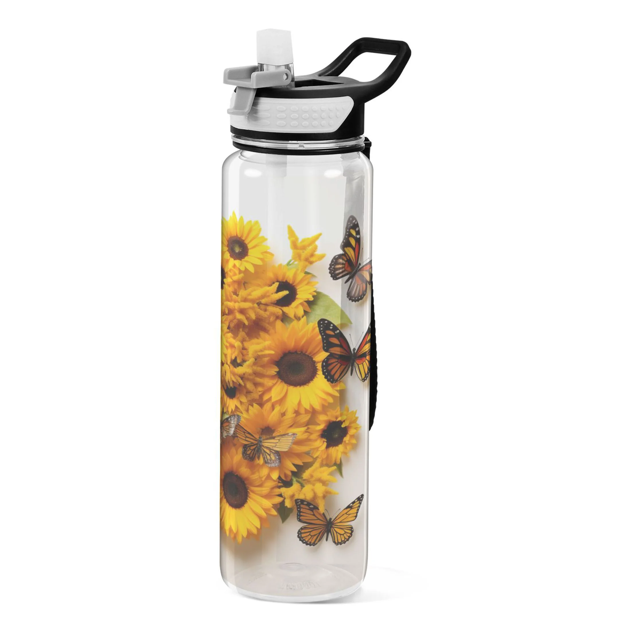 Butterflies in Sunflowers 32oz Sports Water Bottles Leakproof Tritan Bottle with Straw BPA Free Clear Bottle for Fitness Gym Outdoor Cycling