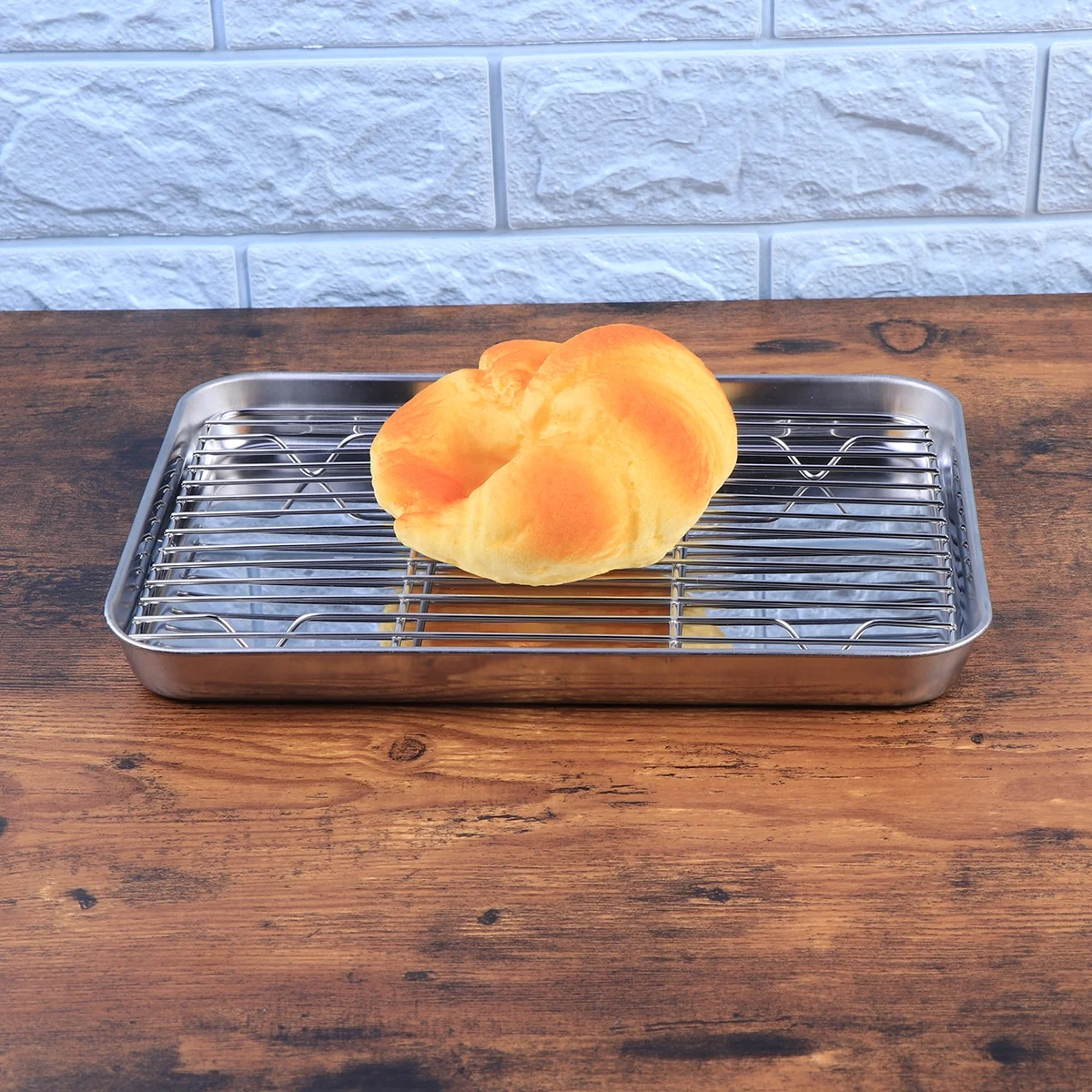 2 Pieces/Set Rectangular Baking Tray Stainless Steel Baking Pan Sheet with Removable Cooling Rack - 26x20x2.5cm