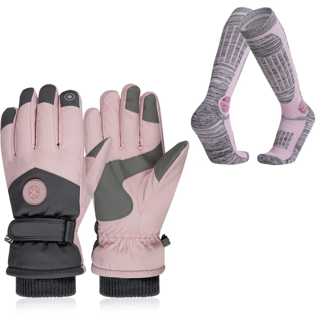 Ski Gloves& Ski Socks Set for Women, Warm Waterproof Anti-Skid Touchscreen Gloves, Thick Thermal Socks for Winter Skiing, Cycling, Hiking
