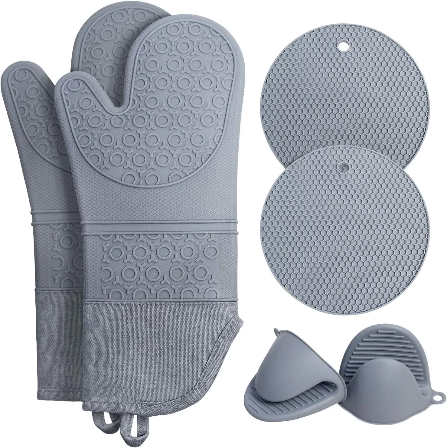 Oven Mitts and Pot Holders 6pcs Set, Heat Resistant Silicone Waterproof Extra Long Oven Gloves with Hot Pads and Mini Oven Mittens for Kitchen Baking Cooking, Quilted Liner, Gray