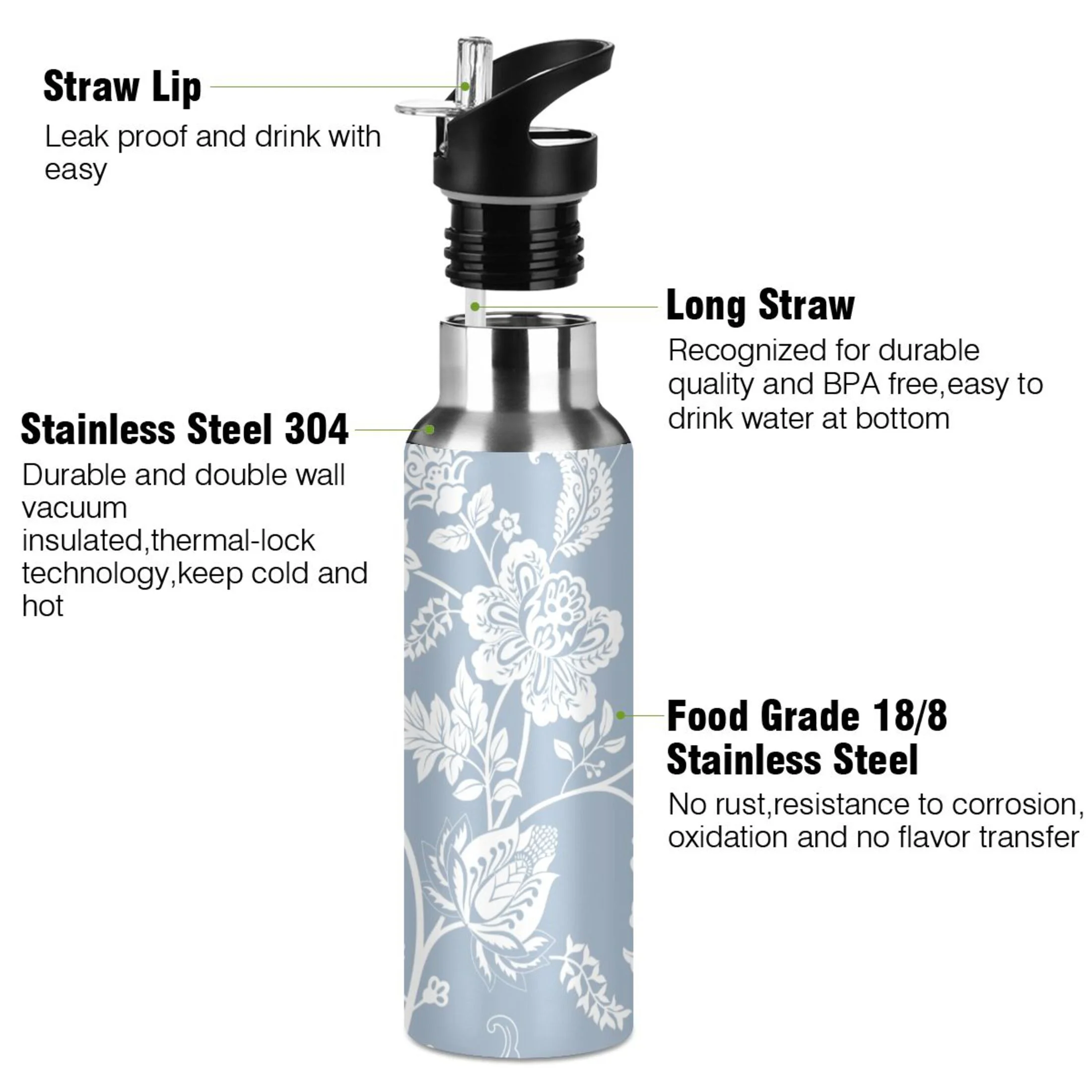 Water Bottle with Straw Lid Leak Floral on Blue Stainless Steel Insulated Thermos Vacuum Flask for Cold Hot Drinking for Sports Camping Gym Yoga