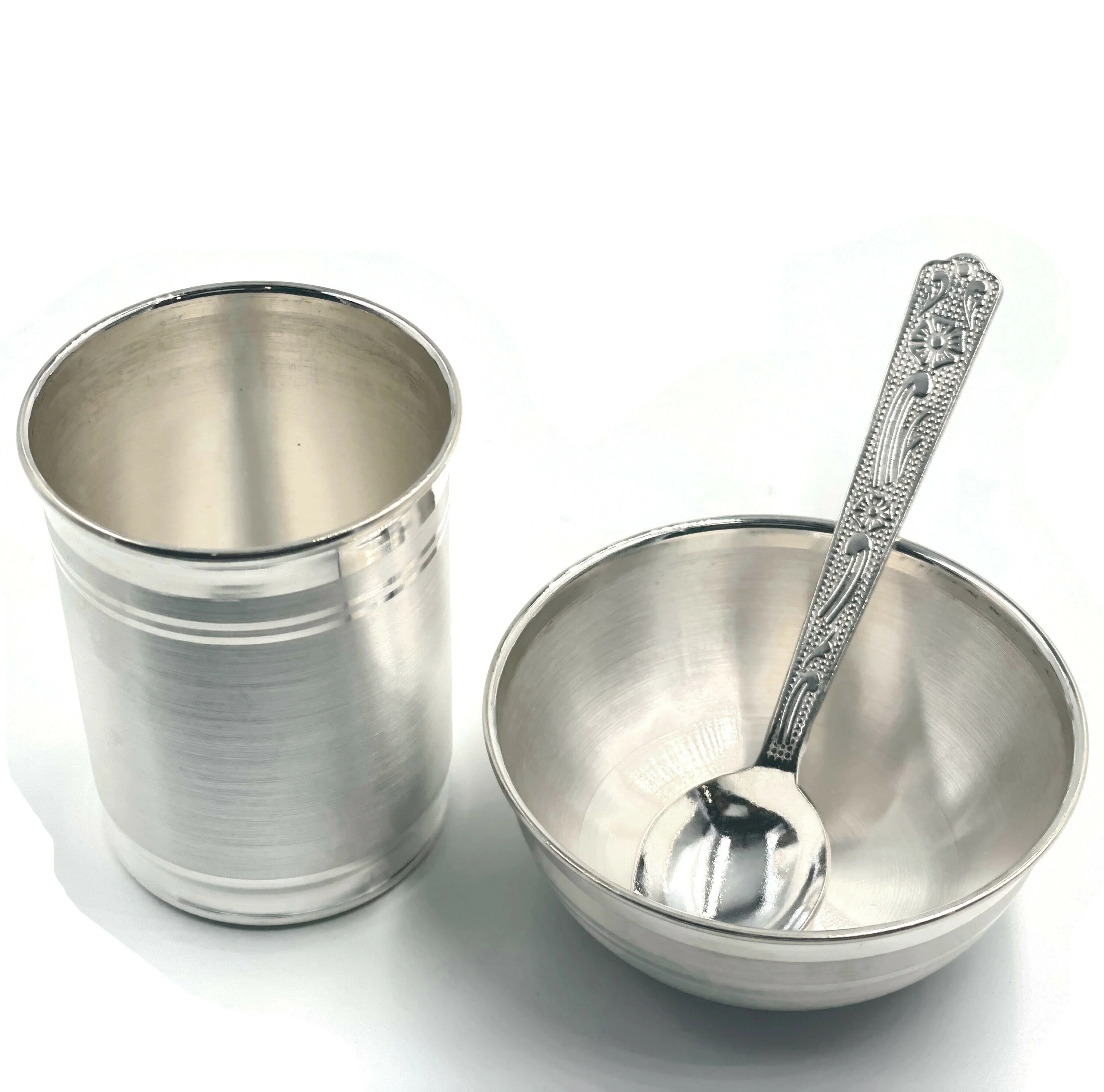 999 Pure Silver 3.0 inch Bowl, 2.75 Inch Glass & Spoon for Kids - Designer Set#03