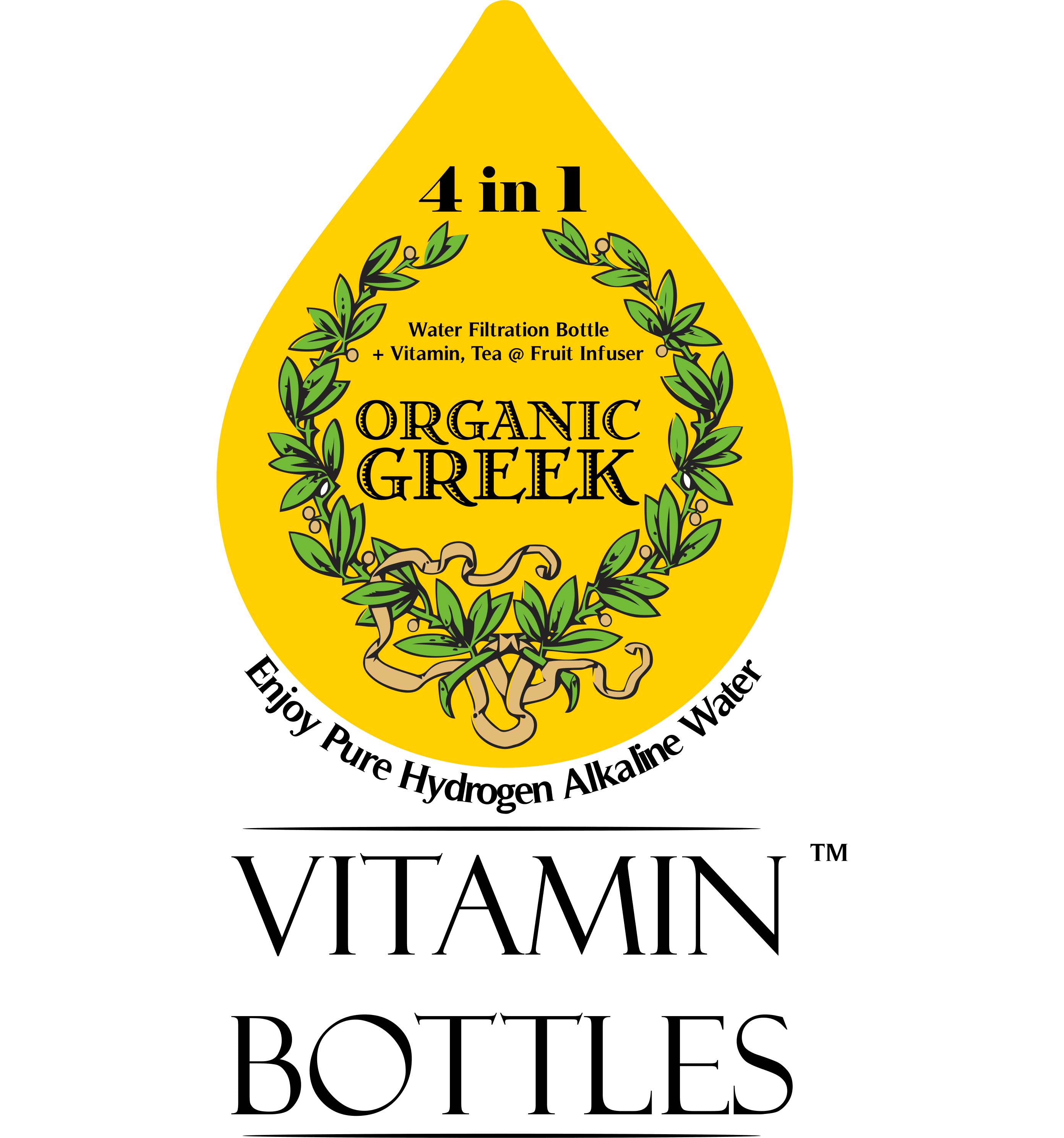 Organic Greek Vitamin Bottles. Hydrogen Alkaline Generator Water + Filter 4 in 1 Design 500mL (16.9 FL OZ) Pack of 2