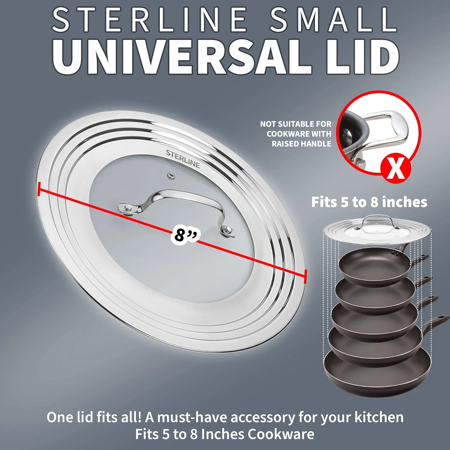 Sterline Small Universal Lid,Fits 5,8 Inch Cookware,Tempered Glass Top with Steam Vent for Pots, Pan, and Cast Iron Skillets,Stainless Steel Replacement Pot Lid for Kitchen Organizing, Space Saving