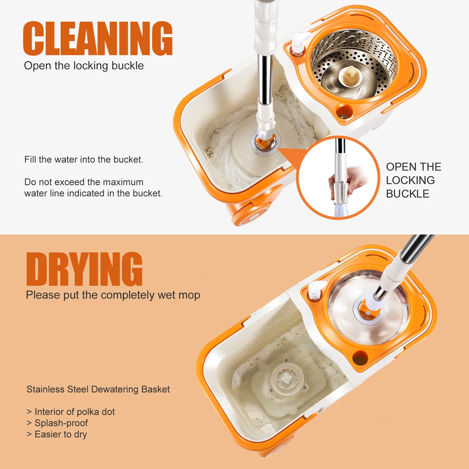 Masthome Spin Mop and Bucket System with Wringer, Separates Dirty and Clean Water, 4 Microfiber Pads
