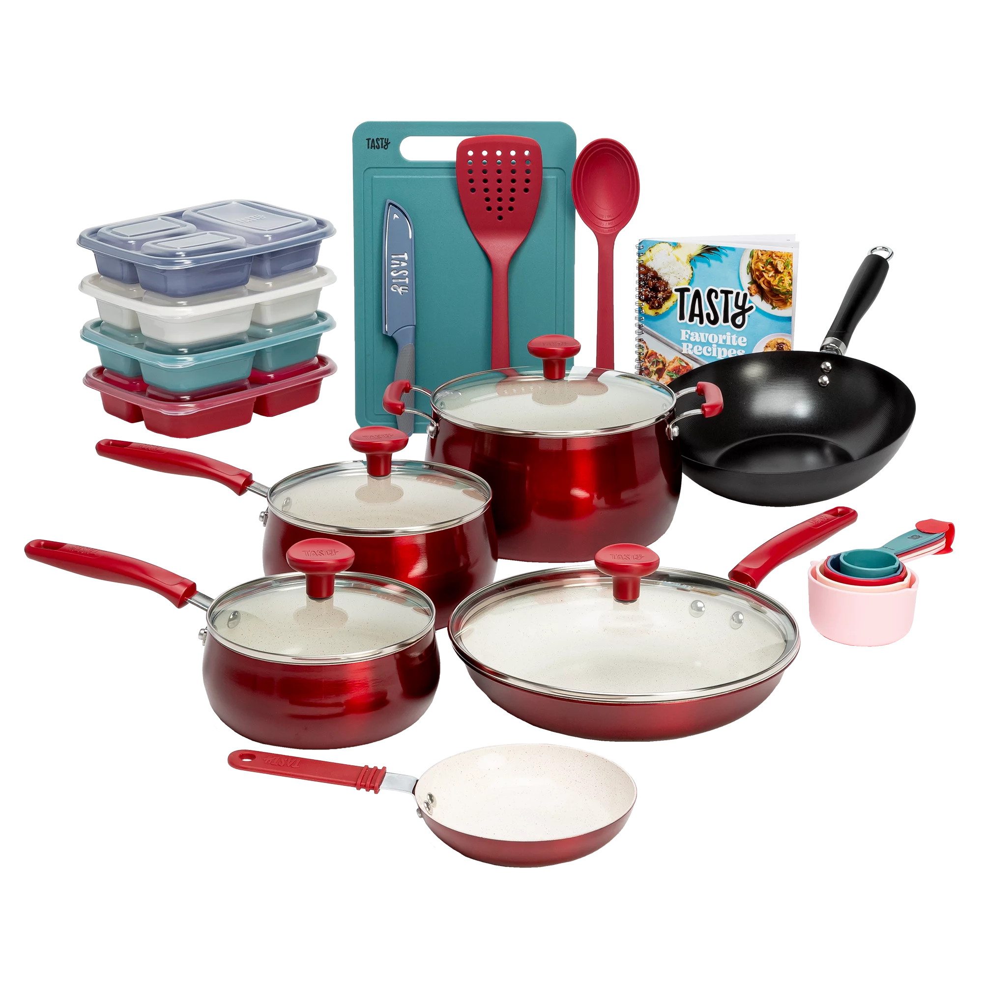 Tasty Clean Ceramic 24 Piece Non-Stick Aluminum Cookware Set, Red