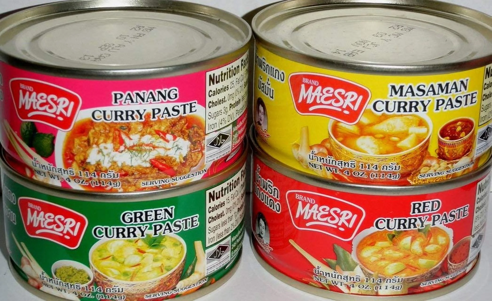 Maesri Thai Green, Red, Masaman, & Panang Curry Paste Set, 4 Ounce (1 Can Each Flavor, 4 Cans Total)