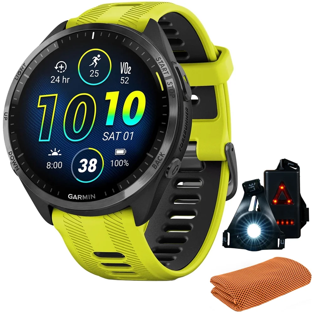 Garmin 010-02809-02 Forerunner 965 Running Smartwatch, Amp Yellow and Black Bundle with Workout Cooling Sport Towel + Deco Essentials Wearable Commuter Front & Rear Safety Light