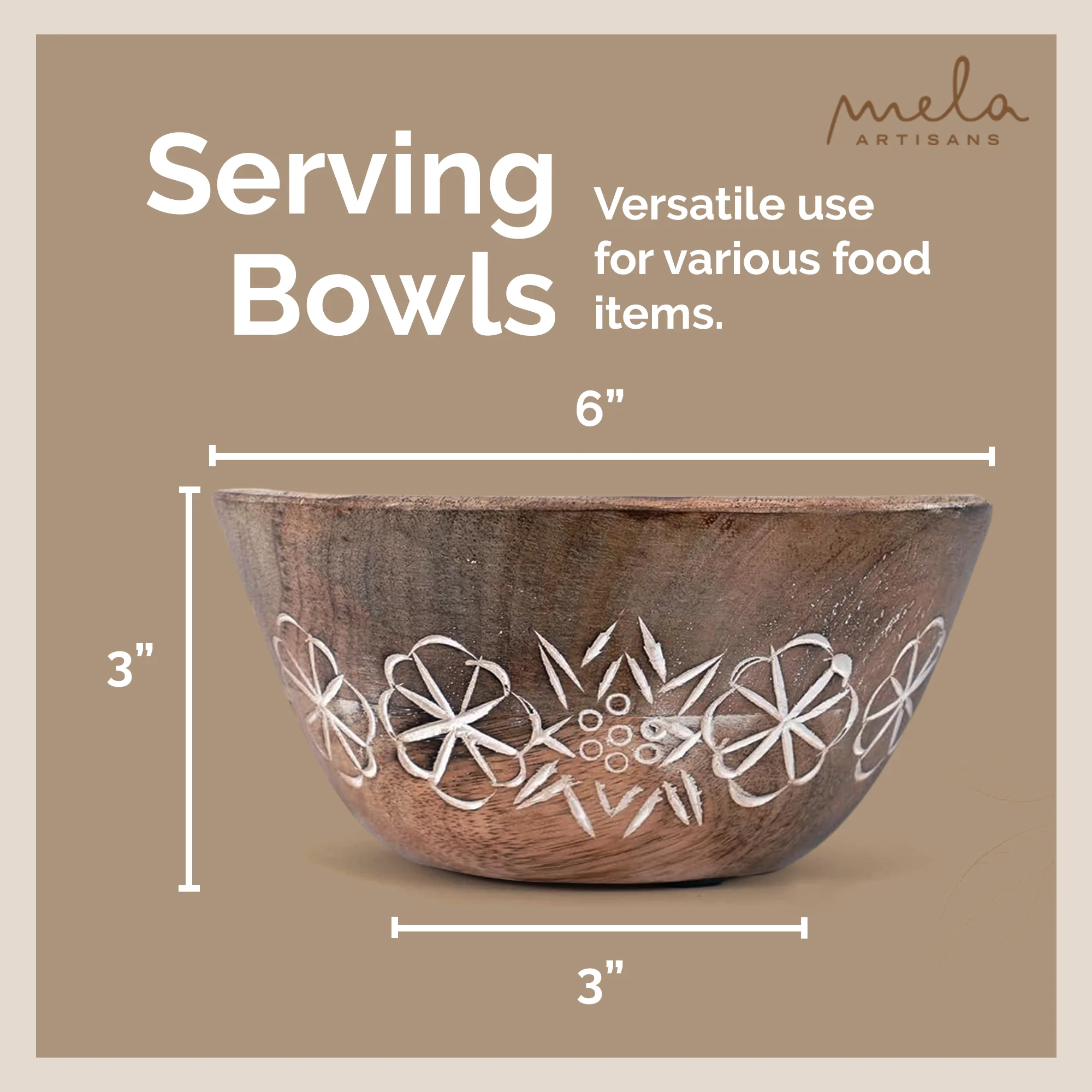Mela Artisans Hand Carved Small Wooden Serving Bowl - Natural Over White, 6