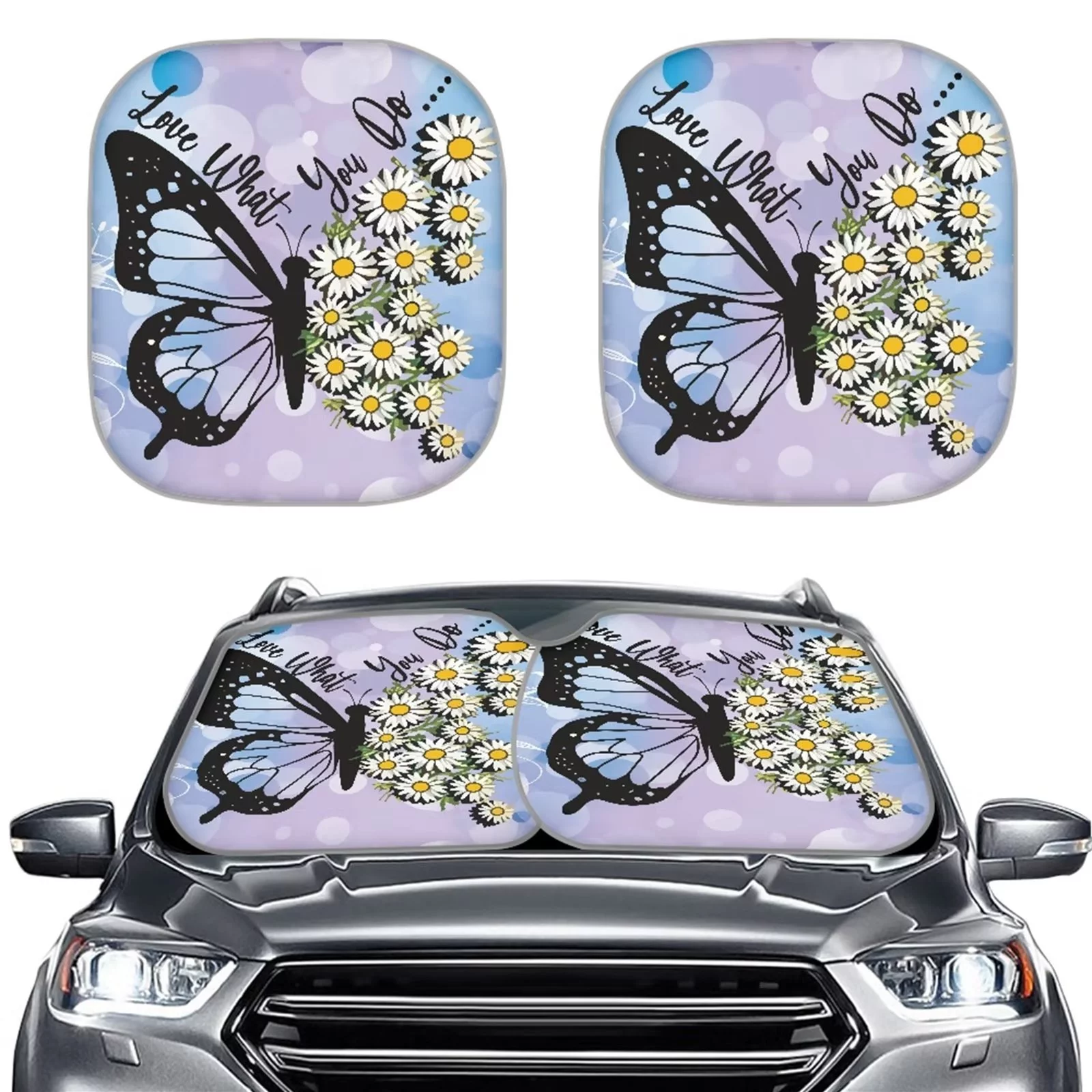 Renewold Daisy Butterfly 2 Pcs Car Sun Shade Auto Heatshield Visor Blocks UV Rays Waterproof Sun Shade Windshield for Automative SUV Truck Van Keep Your Vehicle Cool Interior Accessories