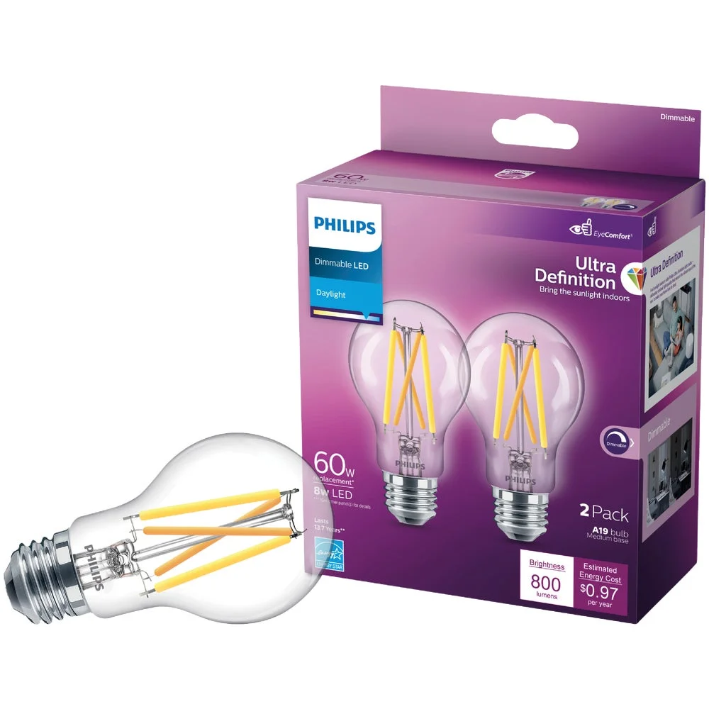 1 PK, Philips Ultra Definition 60W Equivalent Daylight A19 Medium LED Light Bulb, Clear (2-Pack)