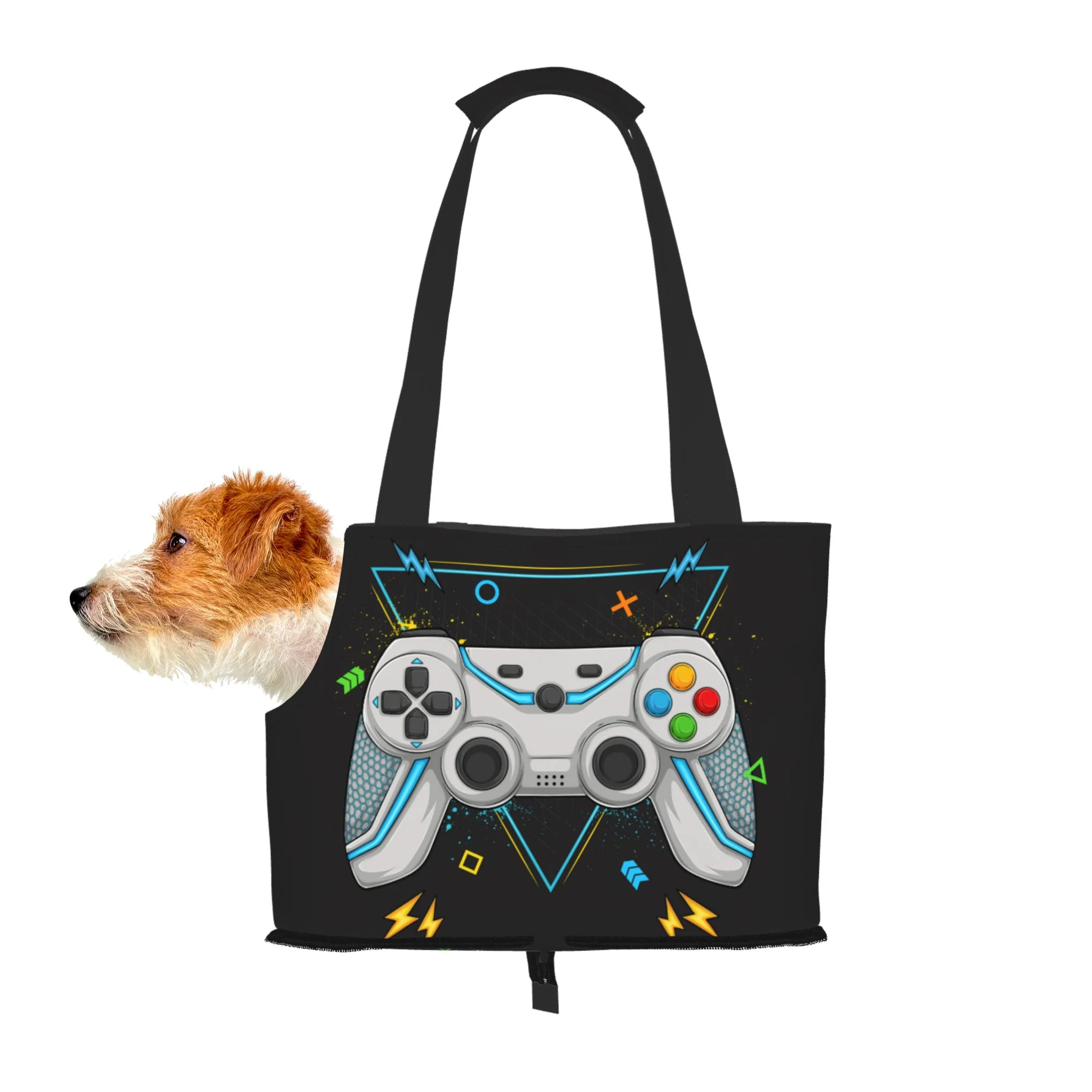 TEQUAN Foldable Dog Purse Carrier, Collapsible Fun Joystick Games Controller Prints Pet Travel Tote Bag for Small Cat Puppy, Waterproof Dog Soft-Sided Carriers