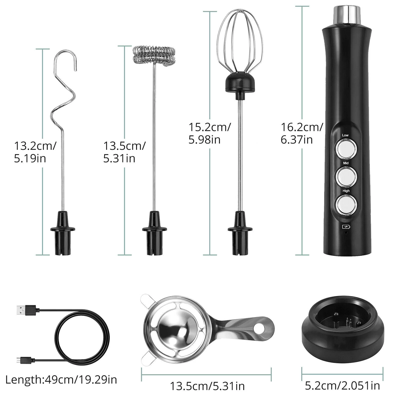 Milk Frother, Immersion s Foam Maker USB Rechargeable Small Mixer Handheld with 4 Stainless Whisks，Wisker for Stirring 3-Speed Adjustable Mini Frother for Cappuccino Latte Coffee Egg