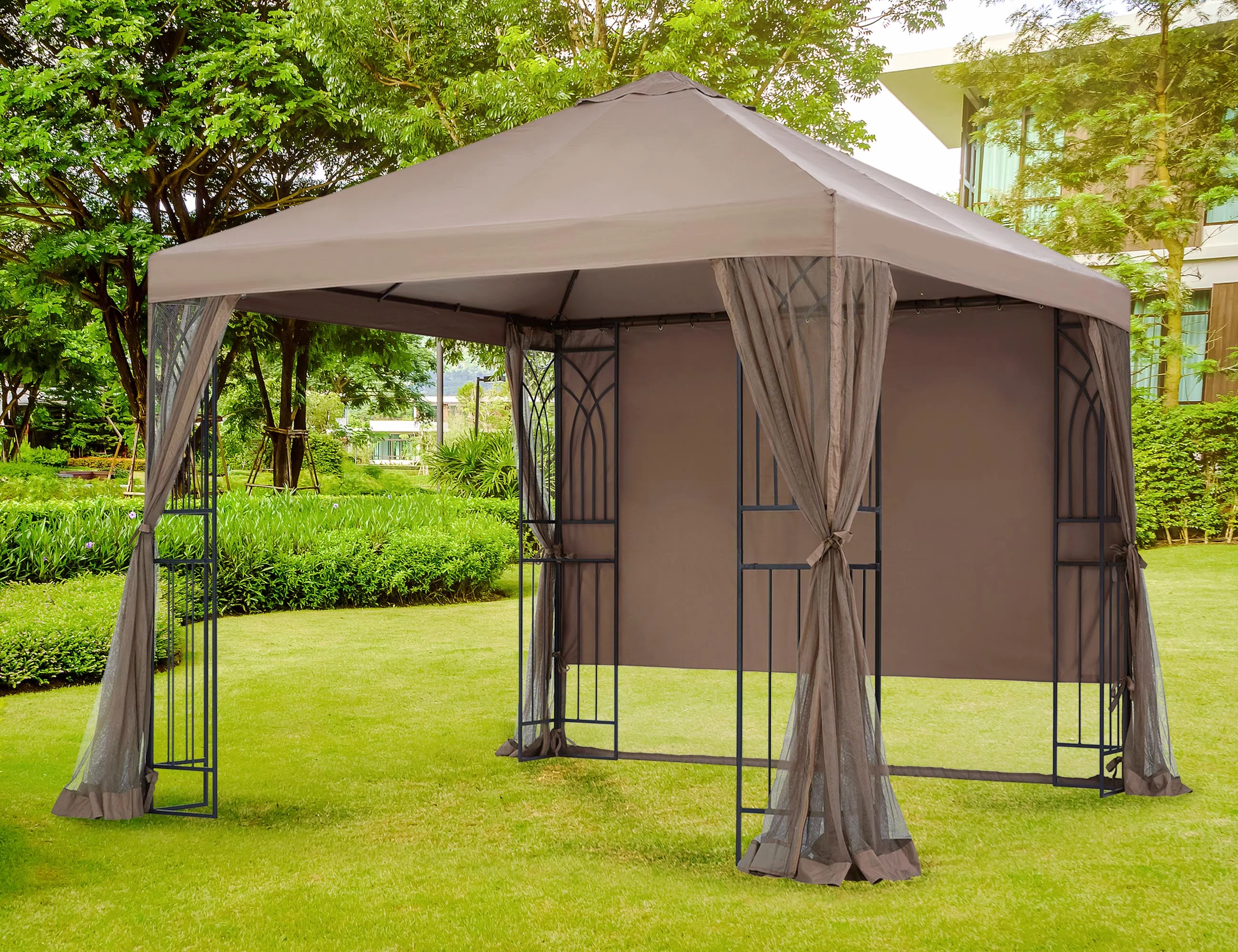 APEX GARDEN Symphony III 10' x 10' Single-Tier Steel Gazebo with Mosquito Net, Privacy Screen and Planter Holders