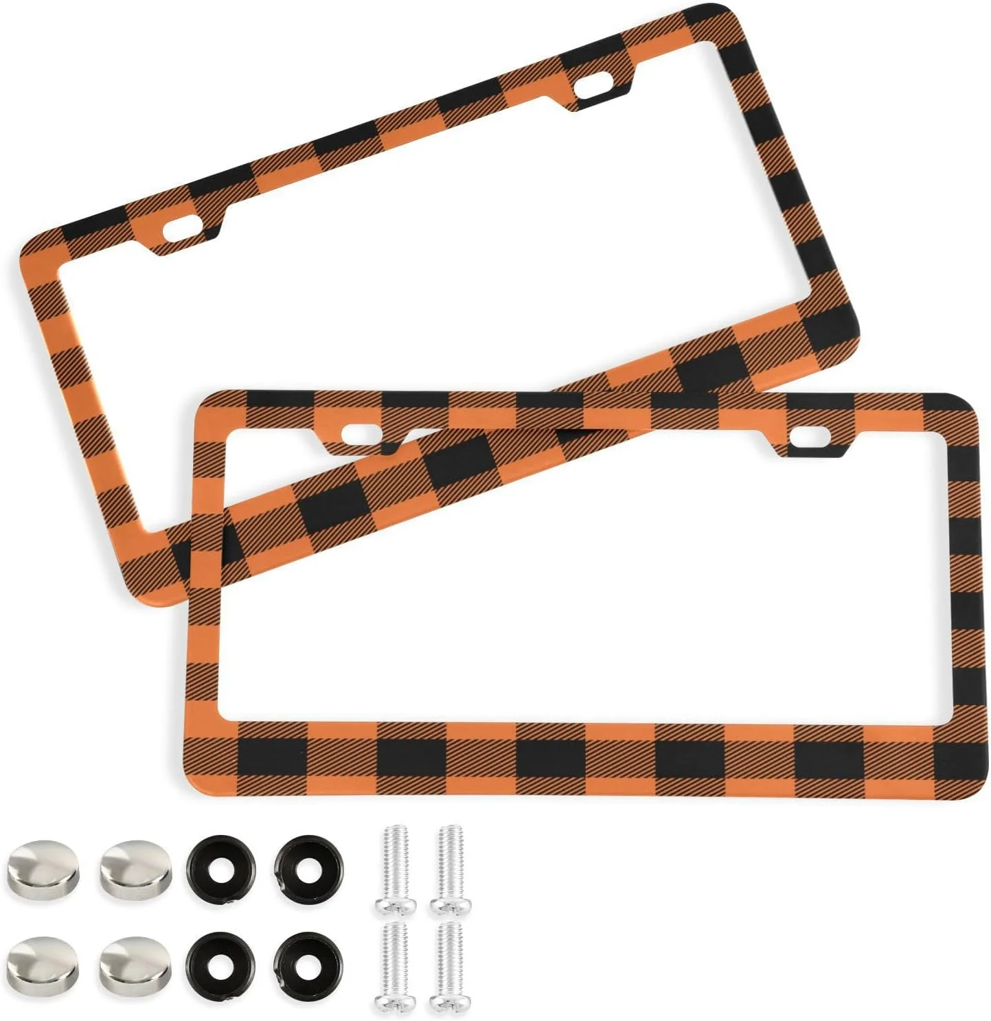 GZHJMY Thanksgiving Orange Plaid License Plate Frame 2 Pack 2 Holes Car Aluminum License Plate Holder Automotive Parts Decoration Universal with Screw Caps Cover