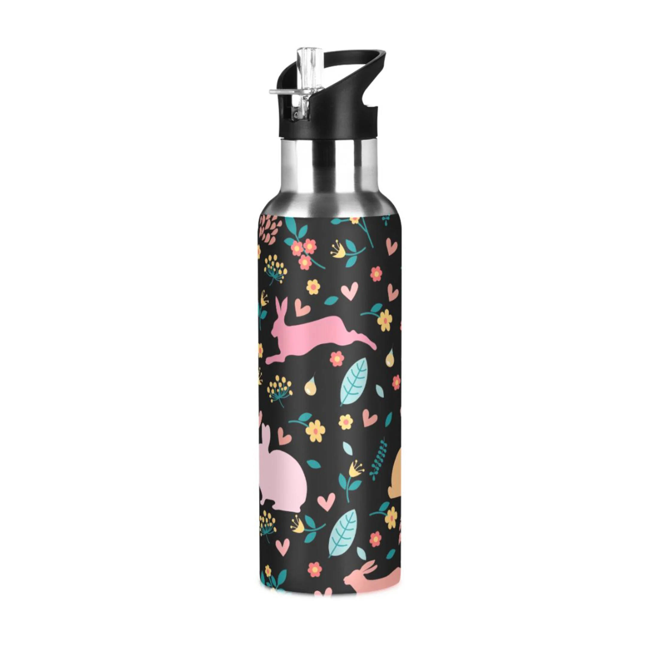 Stainless Steel Water Bottle Rabbits in Hearts Flowers with Straw Lid Vacuum Insulated Leak Proof Flask Jug for Gym Travel Sports Cycling Outdoor 20 OZ