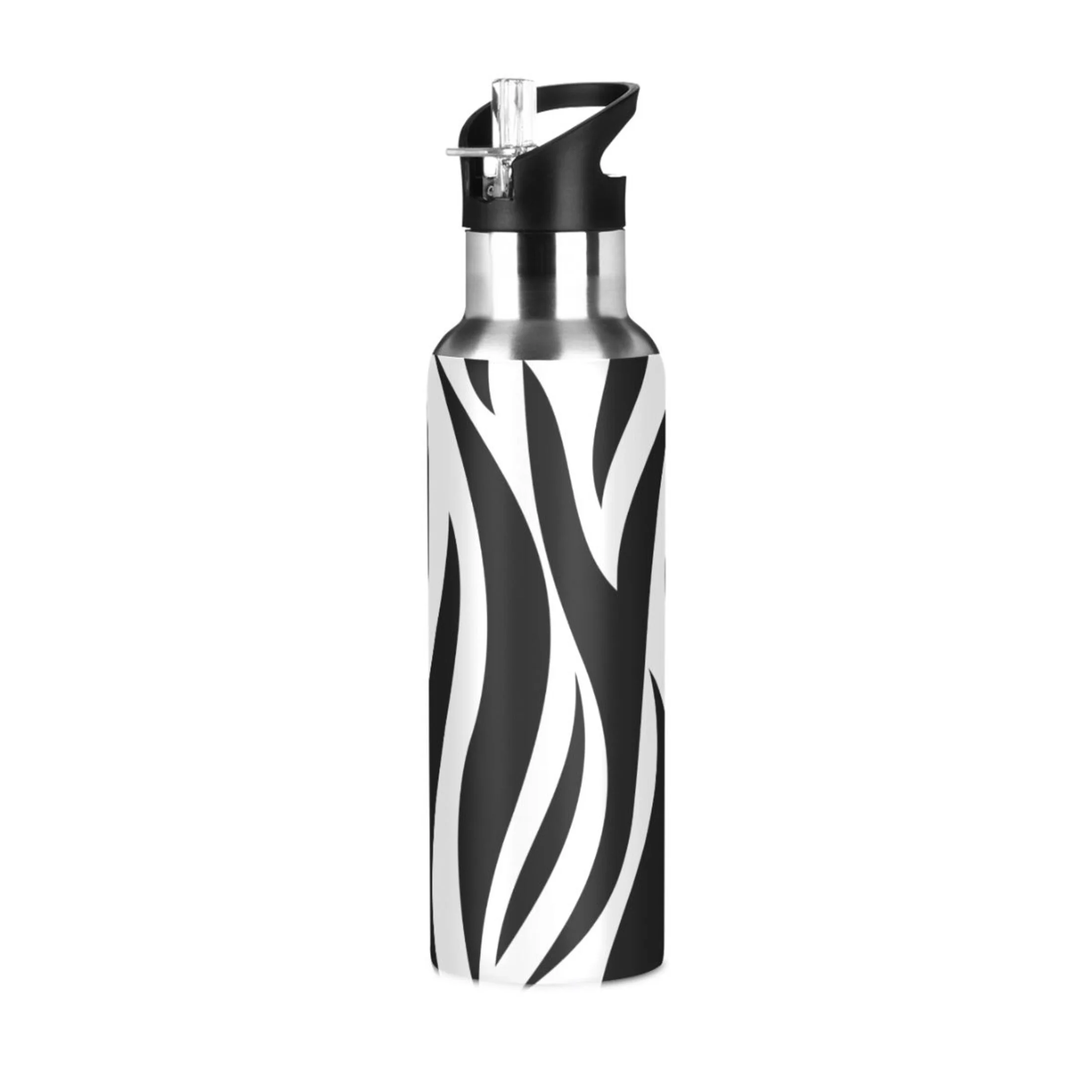 Stainless Steel Water Bottle Black and White Stripes with Straw Lid Vacuum Insulated Leak Proof Flask Jug for Gym Travel Sports Cycling Outdoor 20 OZ