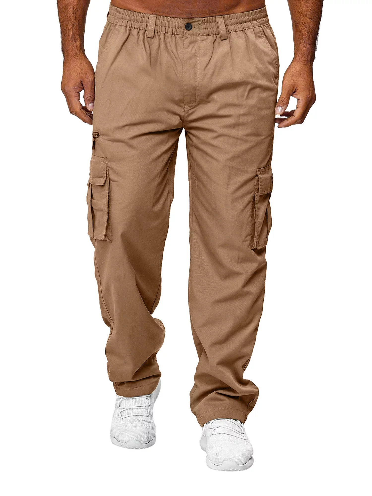 TFFR Men Loose Straight Cargo Pants Casual Elastic Waist Solid Color Relaxed Fit Straight Leg Trousers with Pockets