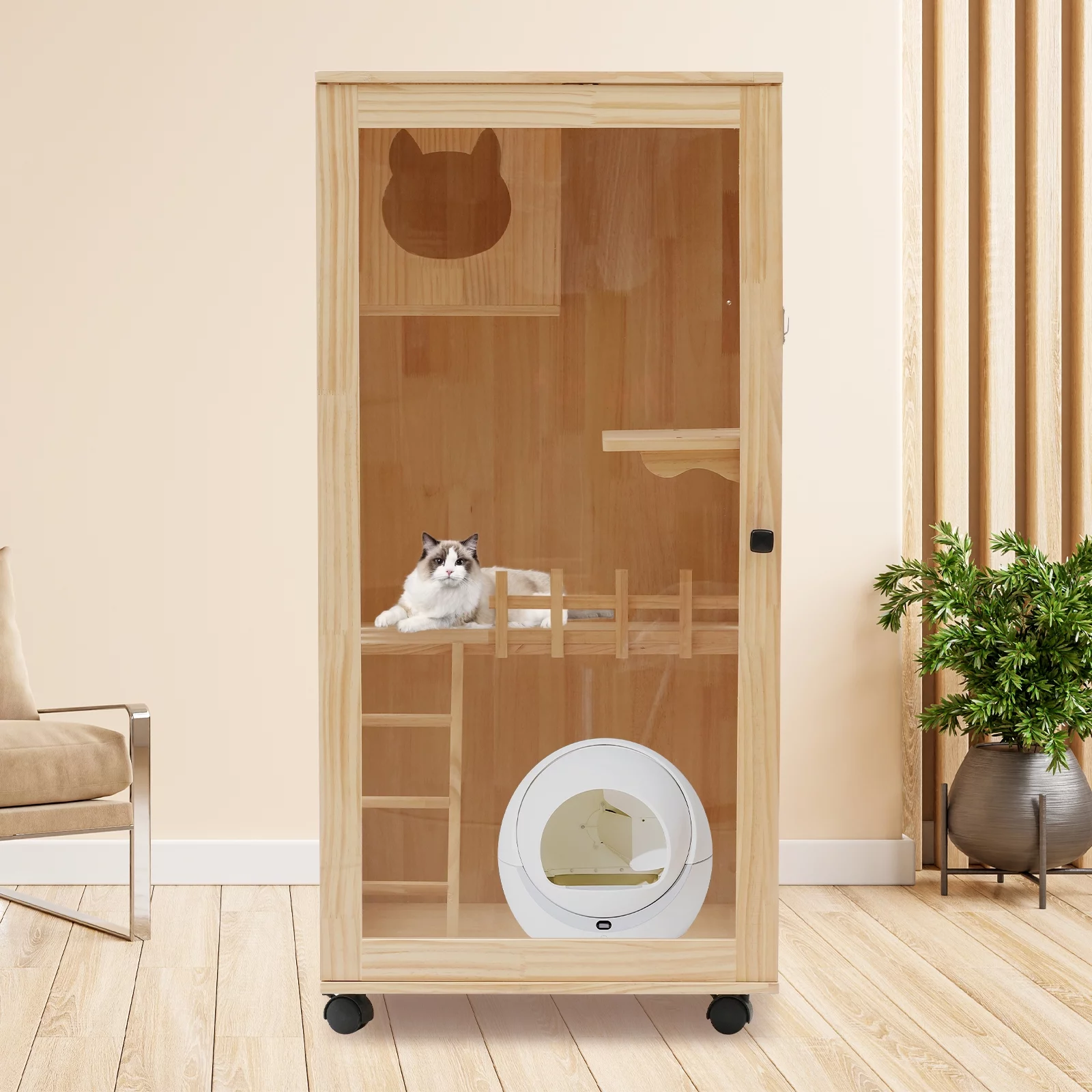 Miumaeov Large Wooden Cat House for Outdoor and Indoor Cats,Luxury Multi-Feature Cat Condo with Cat Scratching Posts Oversized Cat Villa on Wheels (23.62*23.62*47.24 inch)