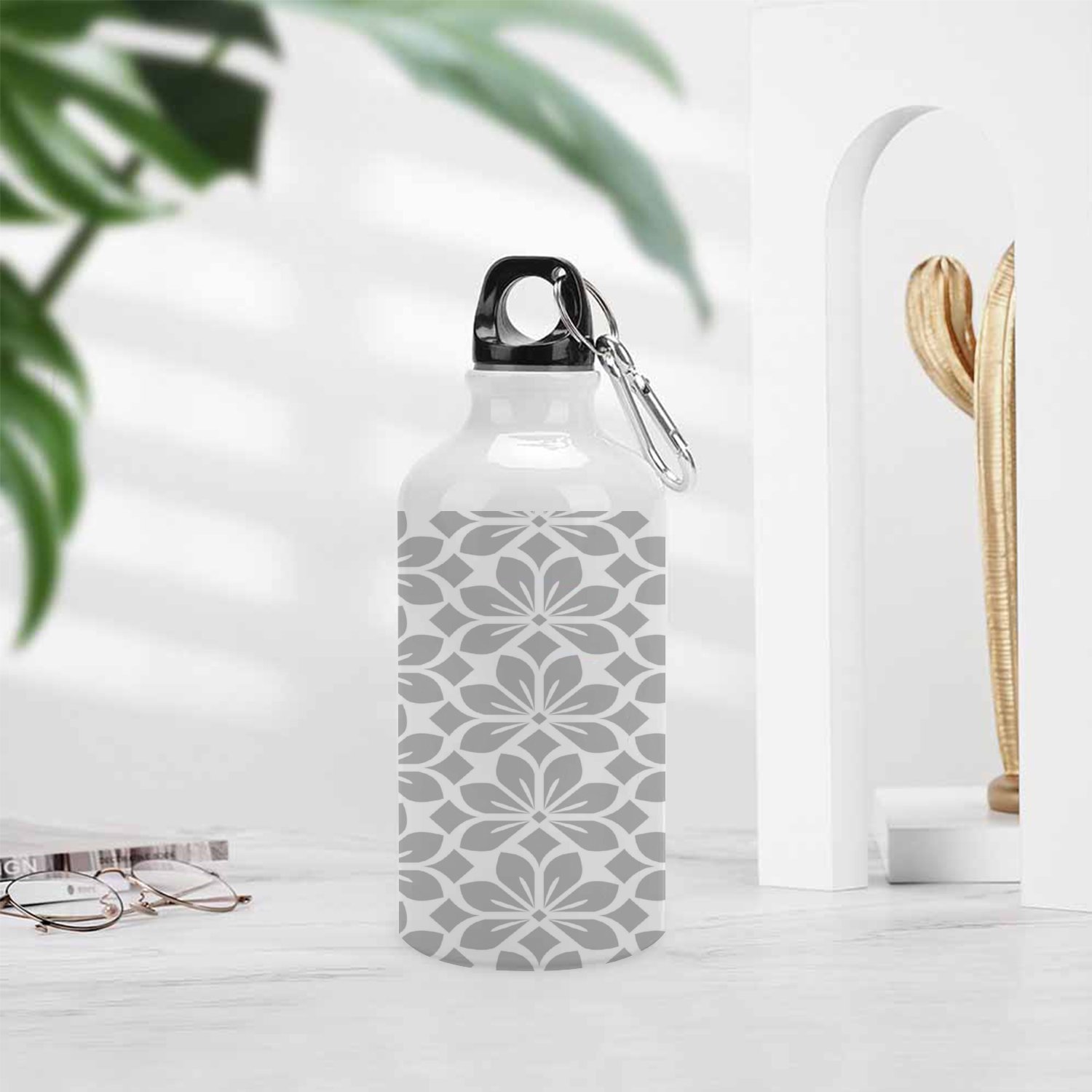 GZHJMY Sports Water Bottles, Abstract Style Grey Flower Large Capacity Aluminium Portable Leakproof Lightweight Drink Bottles for Fitness and Outdoor Enthusiasts