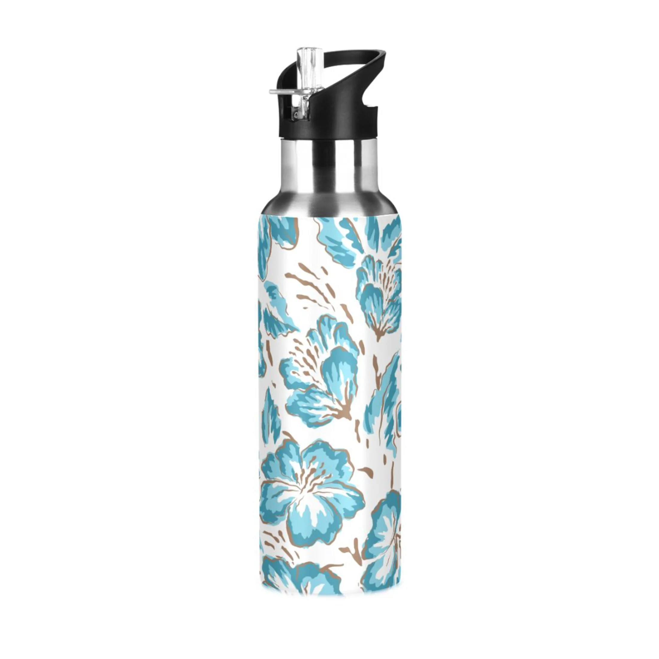 Water Bottle with Straw Lid Leak Floral with Blue Hibiscus Stainless Steel Insulated Thermos Vacuum Flask for Cold Hot Drinking for Sports Camping Gym Yoga