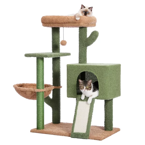 Fithood Cactus Cat Tree Cat Tower with Sisal Covered Scratching Post and Cozy Condo Cat Climbing Stand with Plush Perch &Soft Hammock for Indoor Cats(Minimum Retail Price for US: USD 79.99)