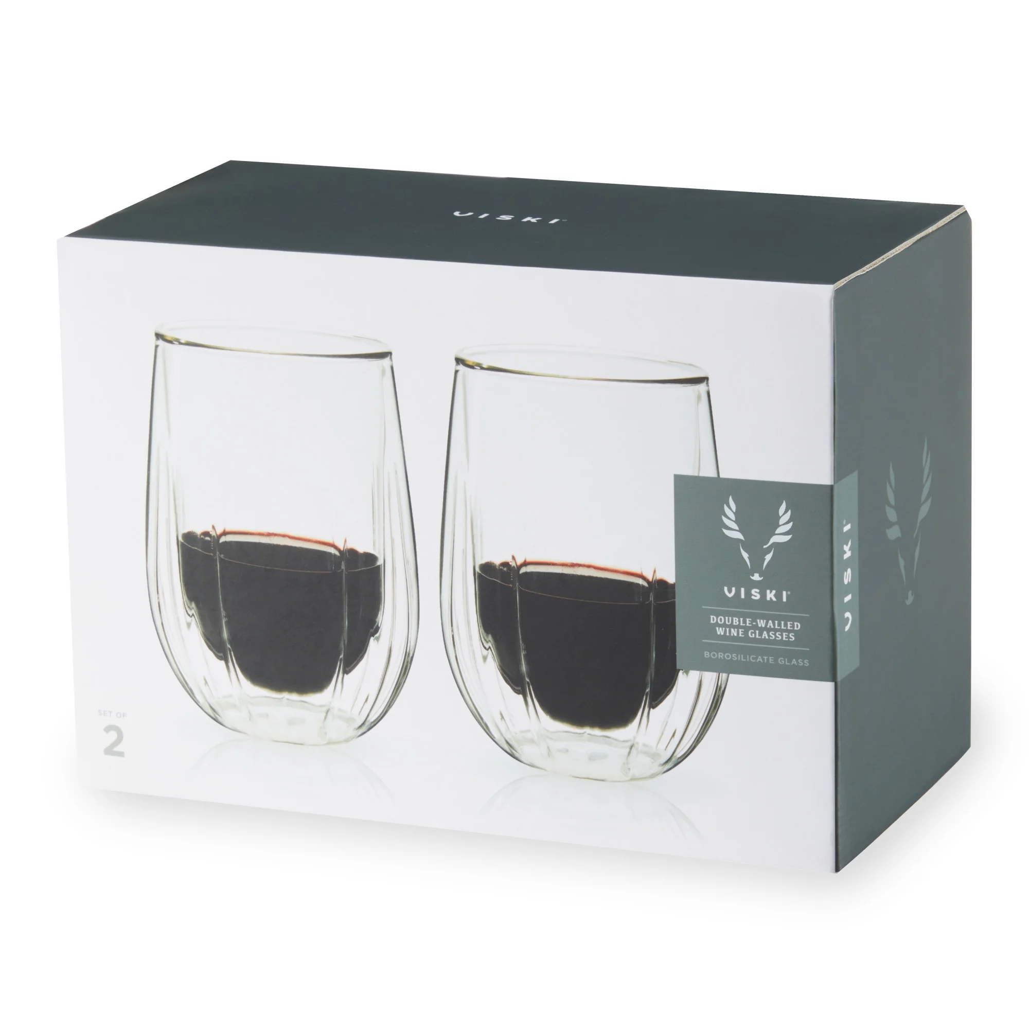 Viski Insulated Wine Glasses - Double Walled Wine Glass Set with Cut Crystal Design - Dishwasher Safe Borosilicate Glass 13oz Set of 2