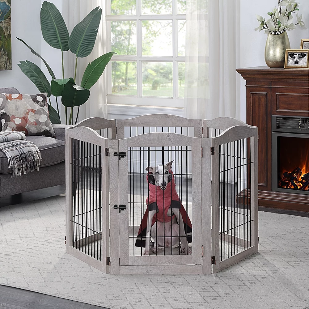 Unipaws Extra Wide Freestanding Dog Gate, 6 Panels Pet Playpen with Wood and Wire, Walk Through Dog Gate with 5 Support Feet
