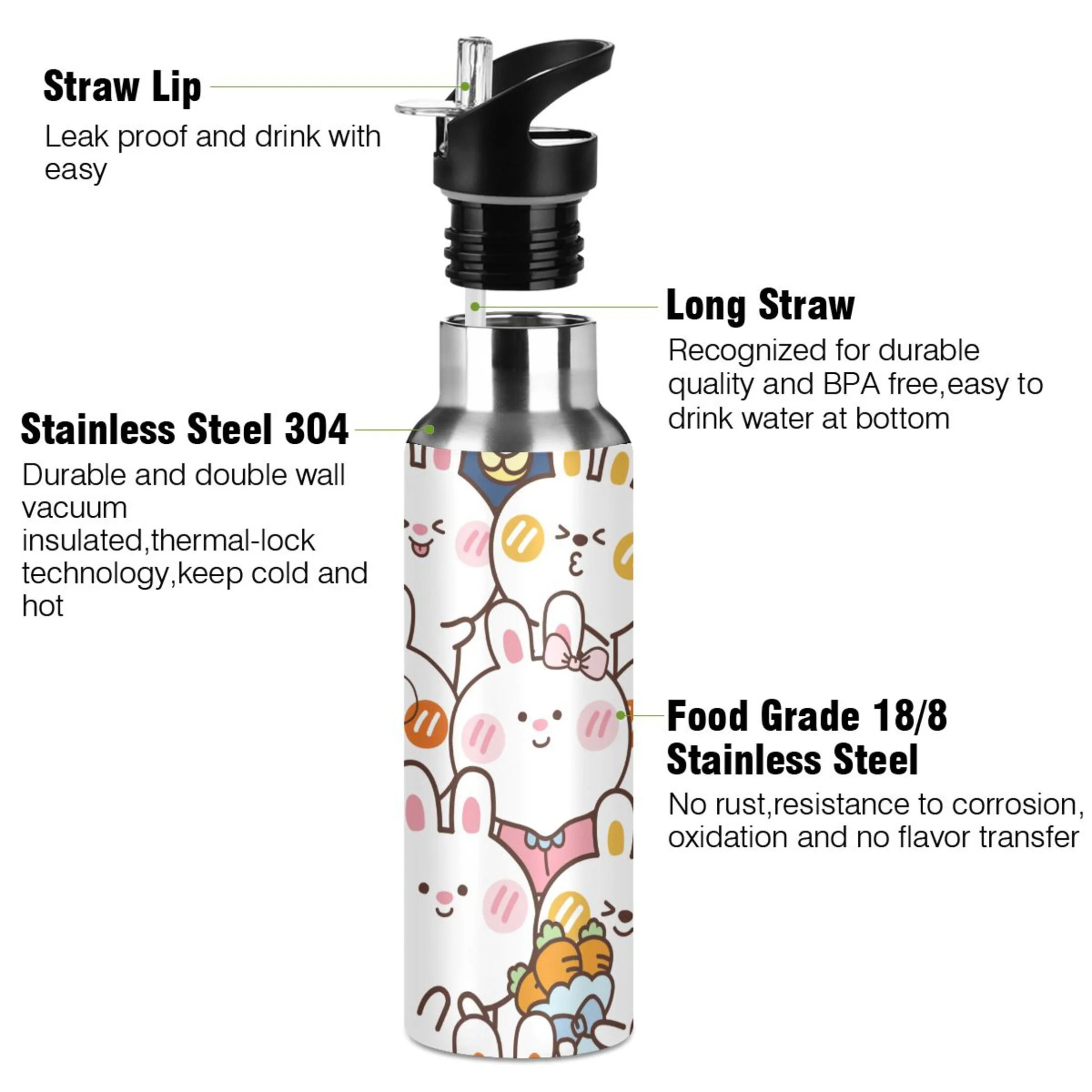 Water Bottle with Straw Lid Leak Cute Cartoon Rabbit Stainless Steel Insulated Thermos Vacuum Flask for Cold Hot Drinking for Sports Camping Gym Yoga