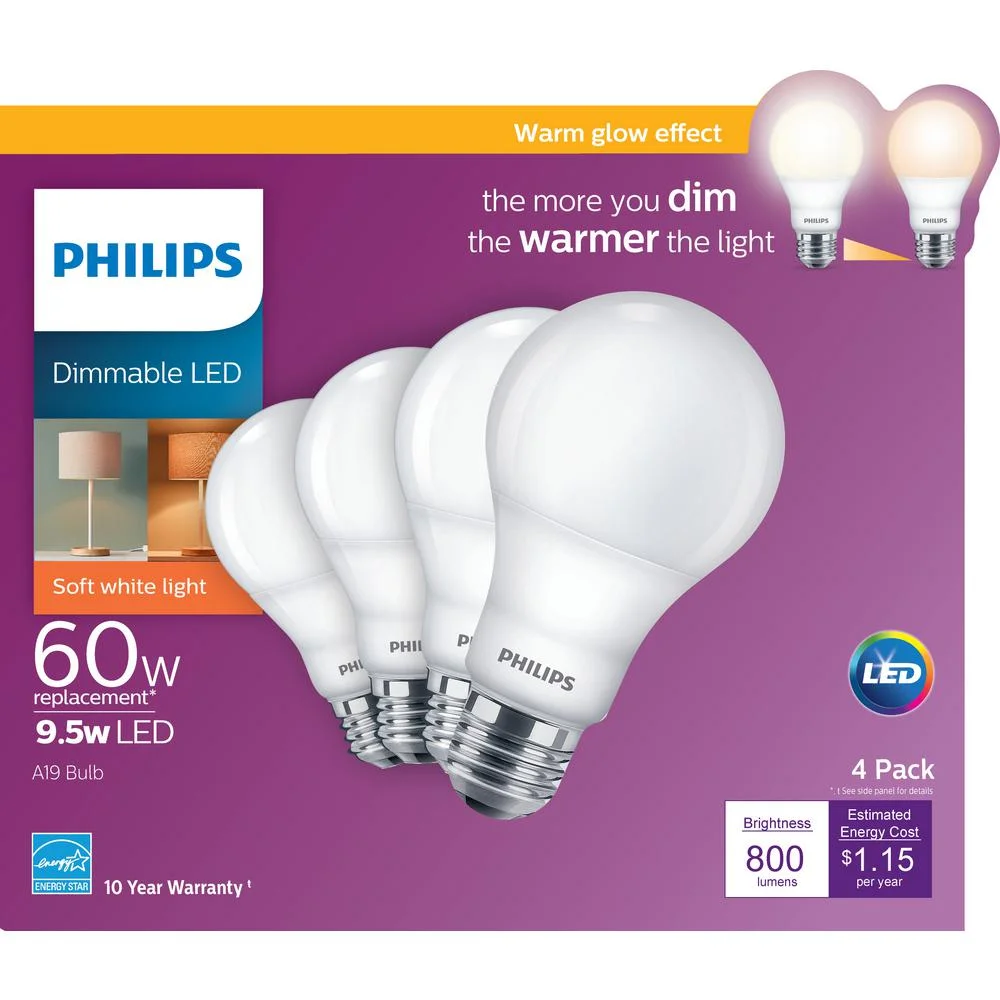 Philips 60-Watt Equivalent A19 Dimmable with Warm Glow Dimming Effect Energy Saving LED Light Bulb Soft White (2700K) (4-Pack)
