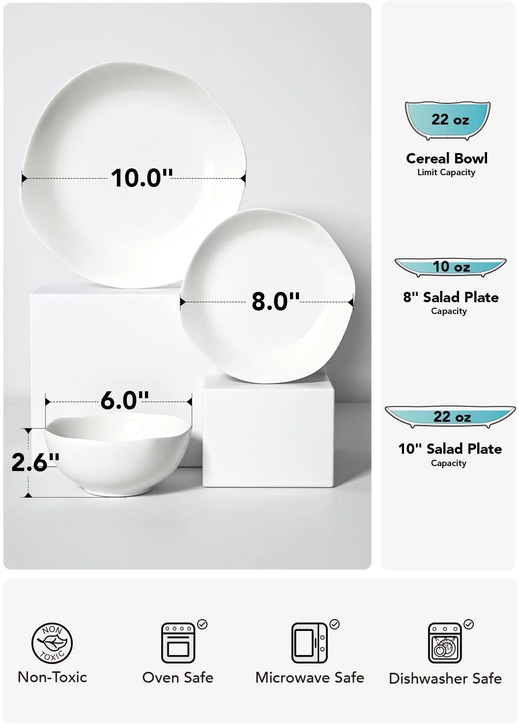 NANYUN Dinnerware Sets 12 Piece, Serve for 4, Ceramic Plates and Bowls Set (10