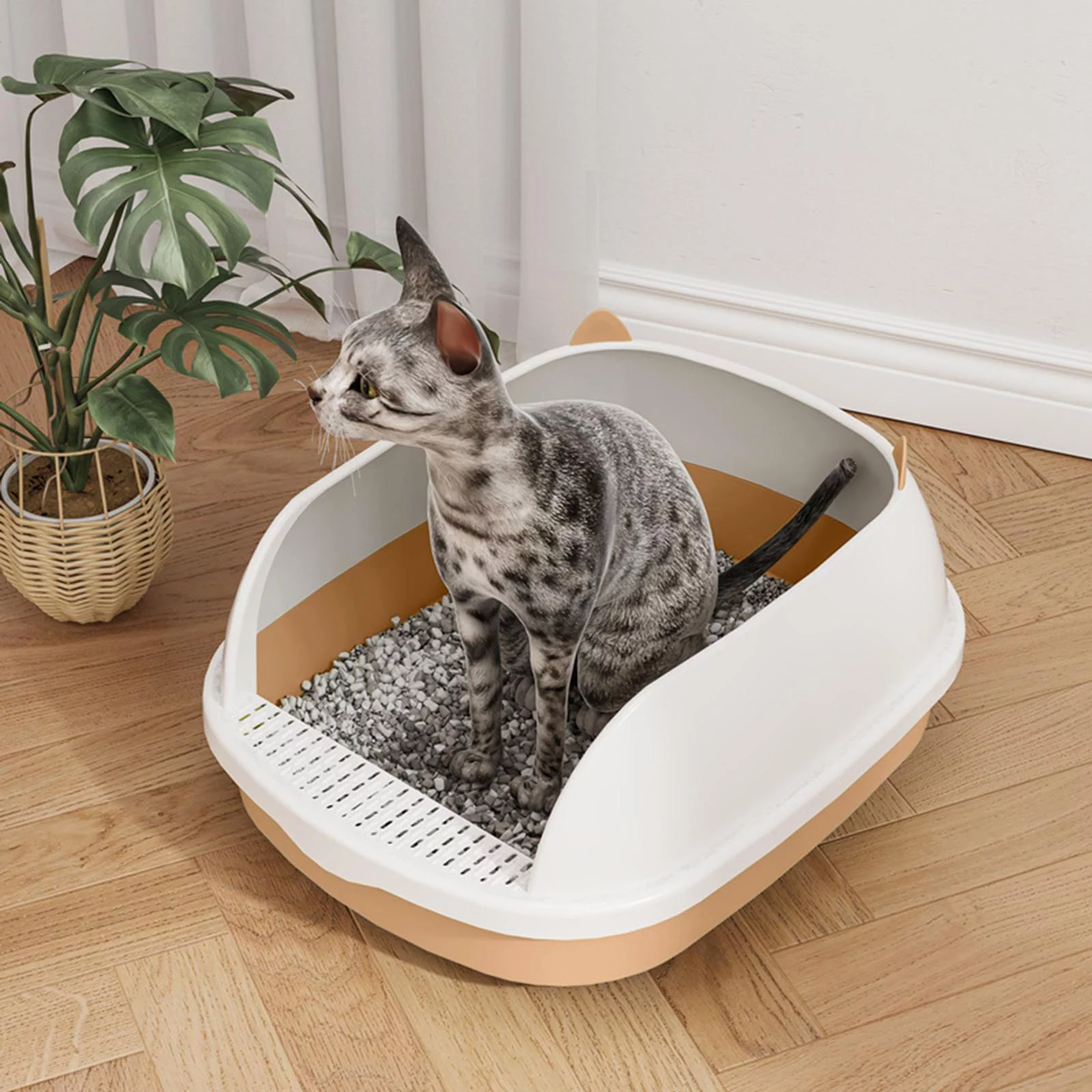 Cat Sandbox Pan Durable Anti Splashing with Sifting Litter Pedal Semi Pink S