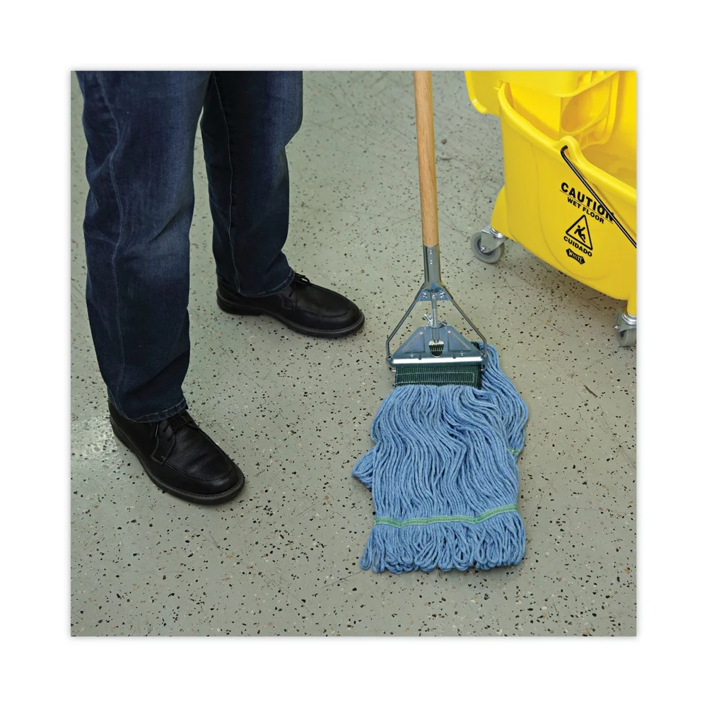 Boardwalk BWK400MBC Medium Cotton/Rayon/Synthetic Head and 60 in. Metal/Polypropylene Handle Looped End Mop Kit - Blue Head/Yellow Handle (1-Kit)