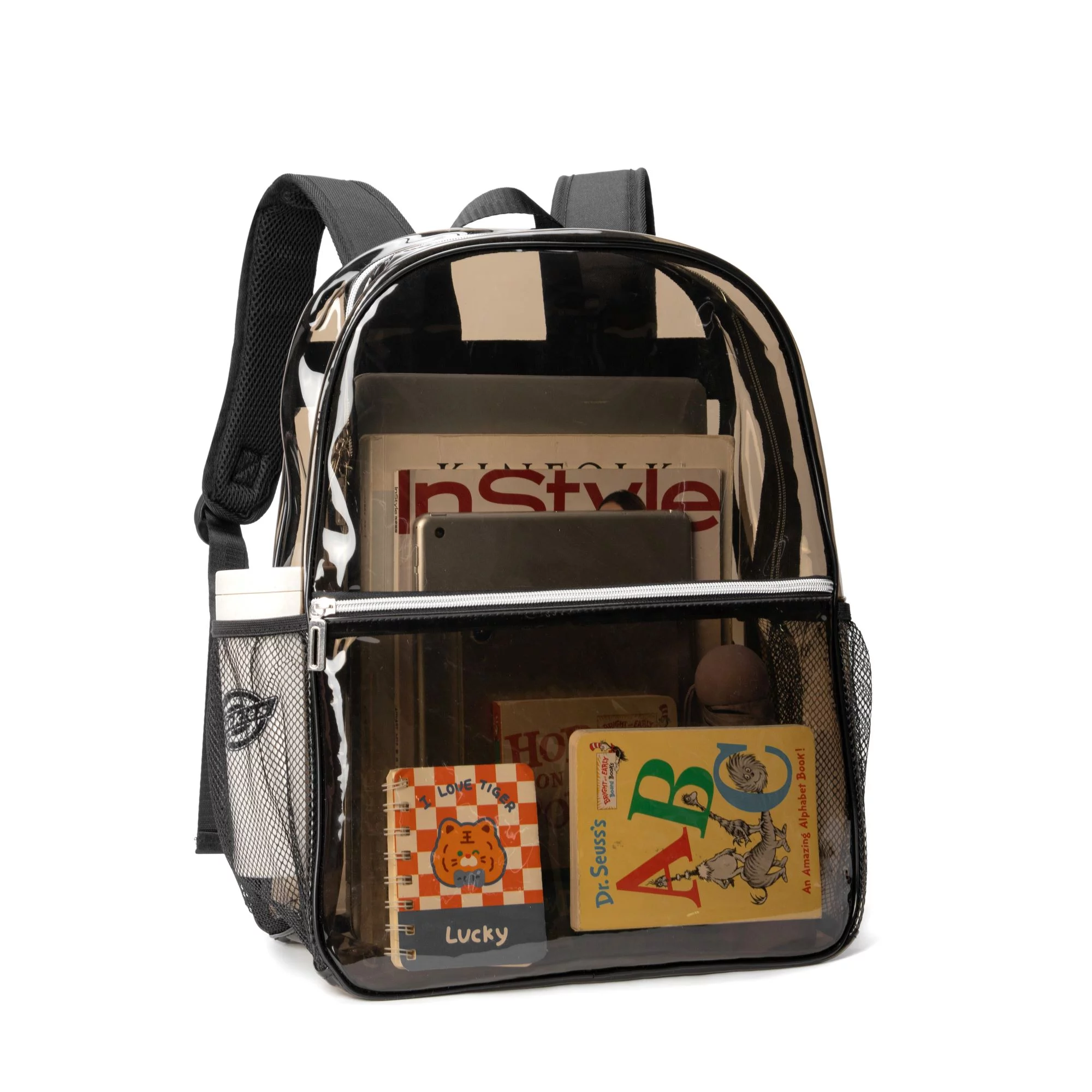 Cheruty Clear Backpack Black Transparent See Through Plastic Backpacks Book Bags for School,Sports,Work,Stadium,Security Travel,College Black