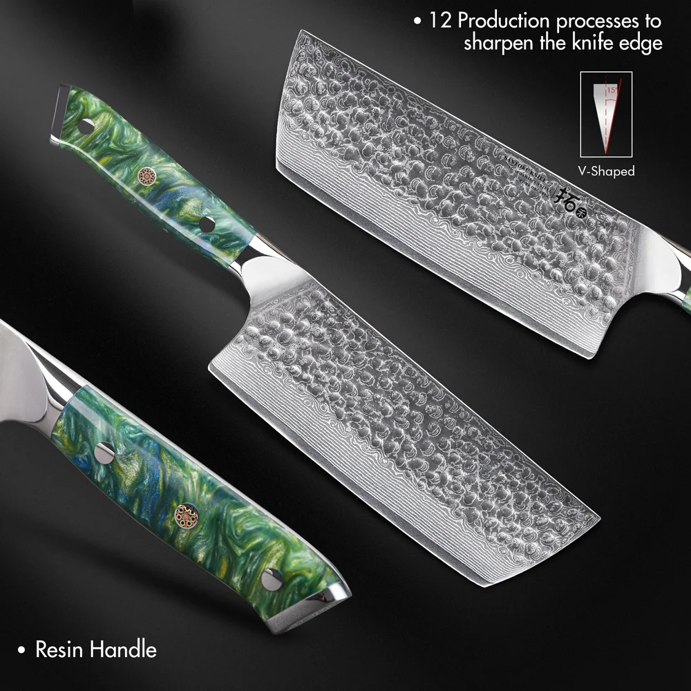TURWHO 7inch Nakiri Knife Japanese VG10 Damascus Steel Chef Kitchen Knife With Green Resin Handle