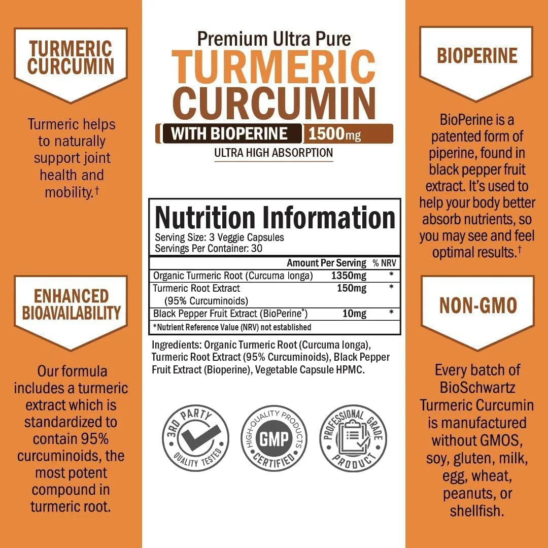 BioSchwartz Turmeric Curcumin with BioPerine 1500mg |  Turmeric Capsules with Black Pepper, 90ct