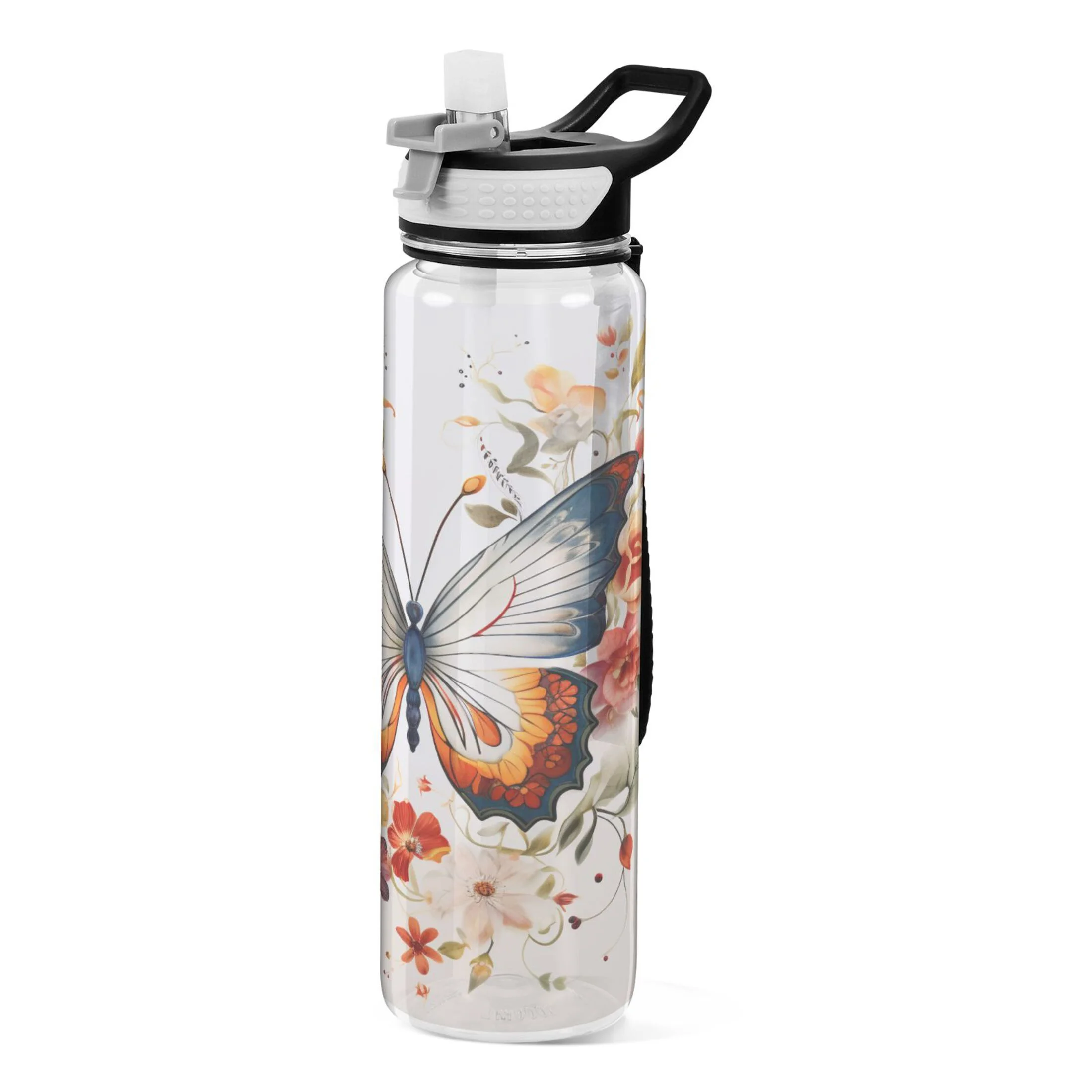 Beautiful Floral on A Butterfly 32oz Sports Water Bottles Leakproof Tritan Bottle with Straw BPA Free Clear Bottle for Fitness Gym Outdoor Cycling