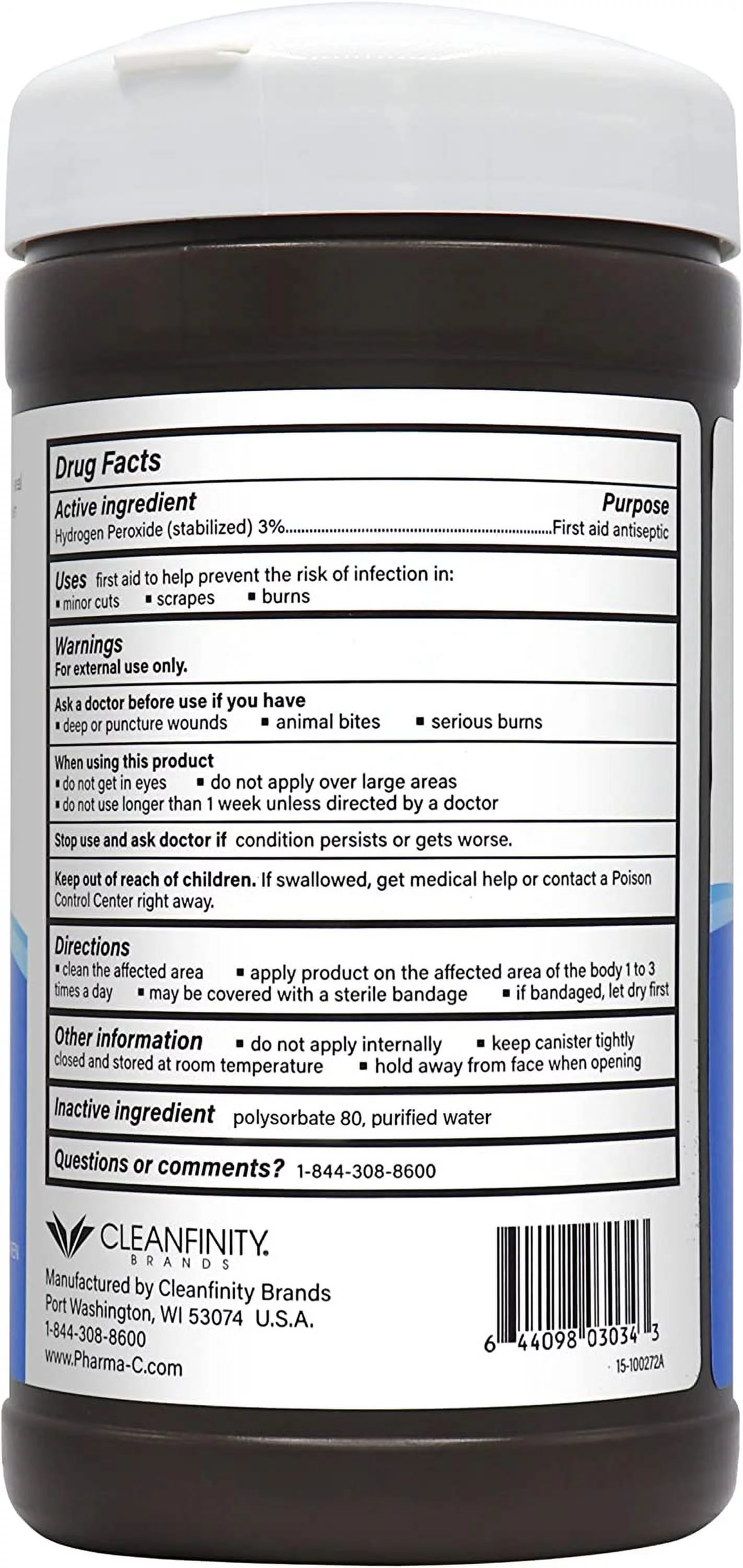 Pharma-C-Wipes 3% Hydrogen Peroxide Wipes, Antiseptic Skin WIpe, 5.6 Inches x 7 Inches, 40 Wipes per Canister, 6 Canisters